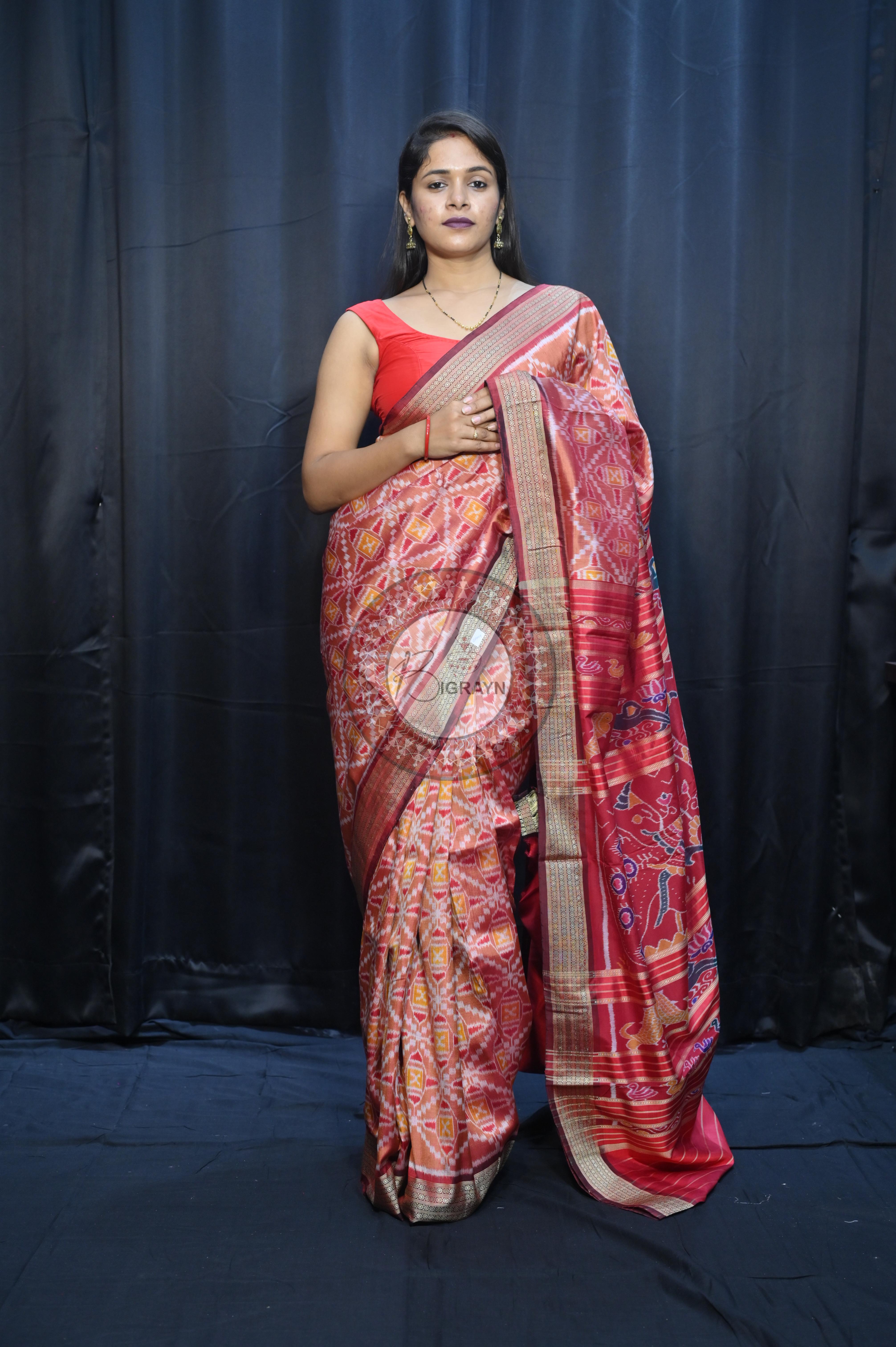 Peach Maroon Patola Design Mulberry Silk Saree