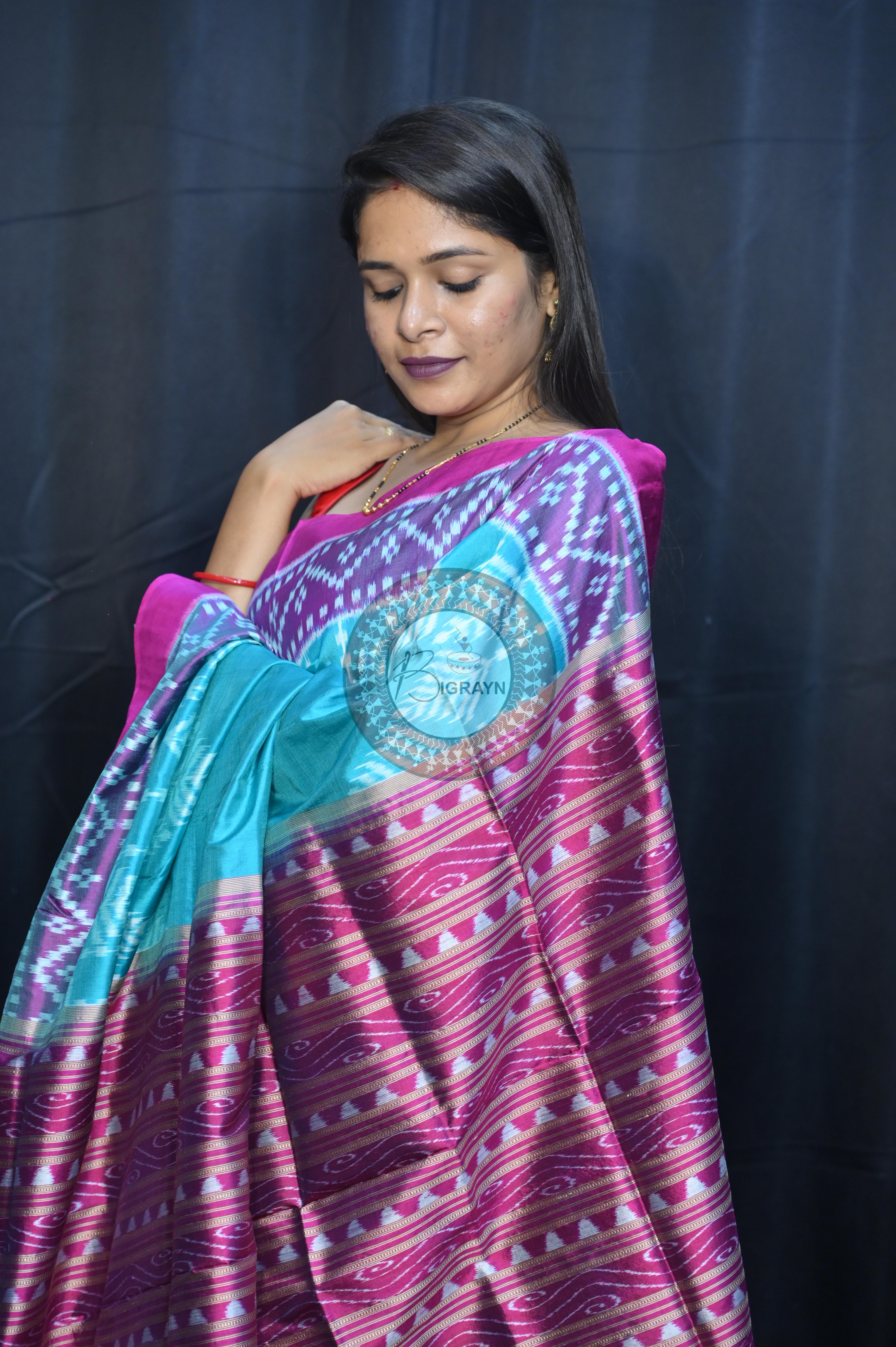 Sea Green Magenta Scot Tree Design Mulberry Silk Saree