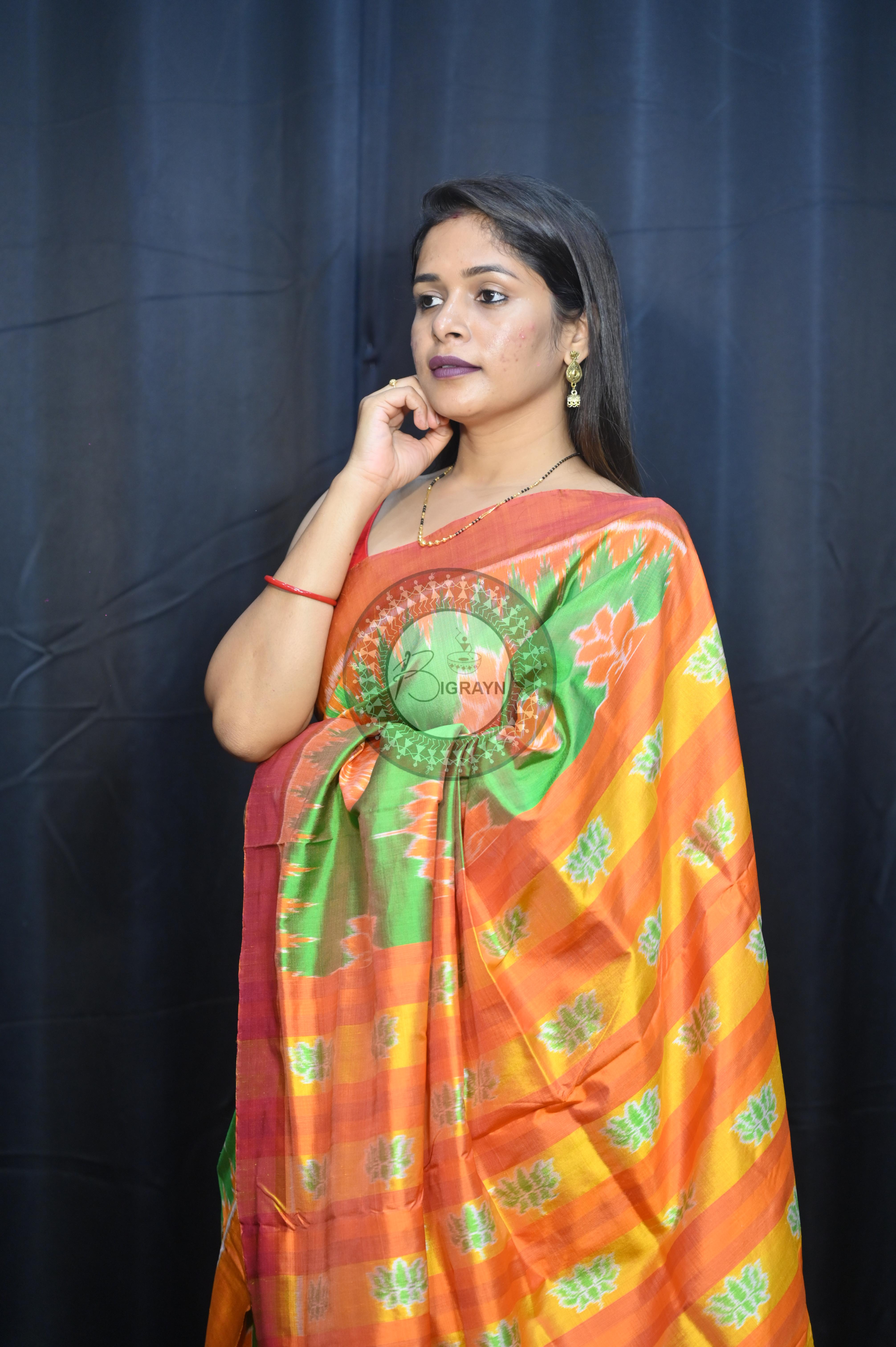 Dual Shade Green Orange Lotus Design Mulberry Silk Saree