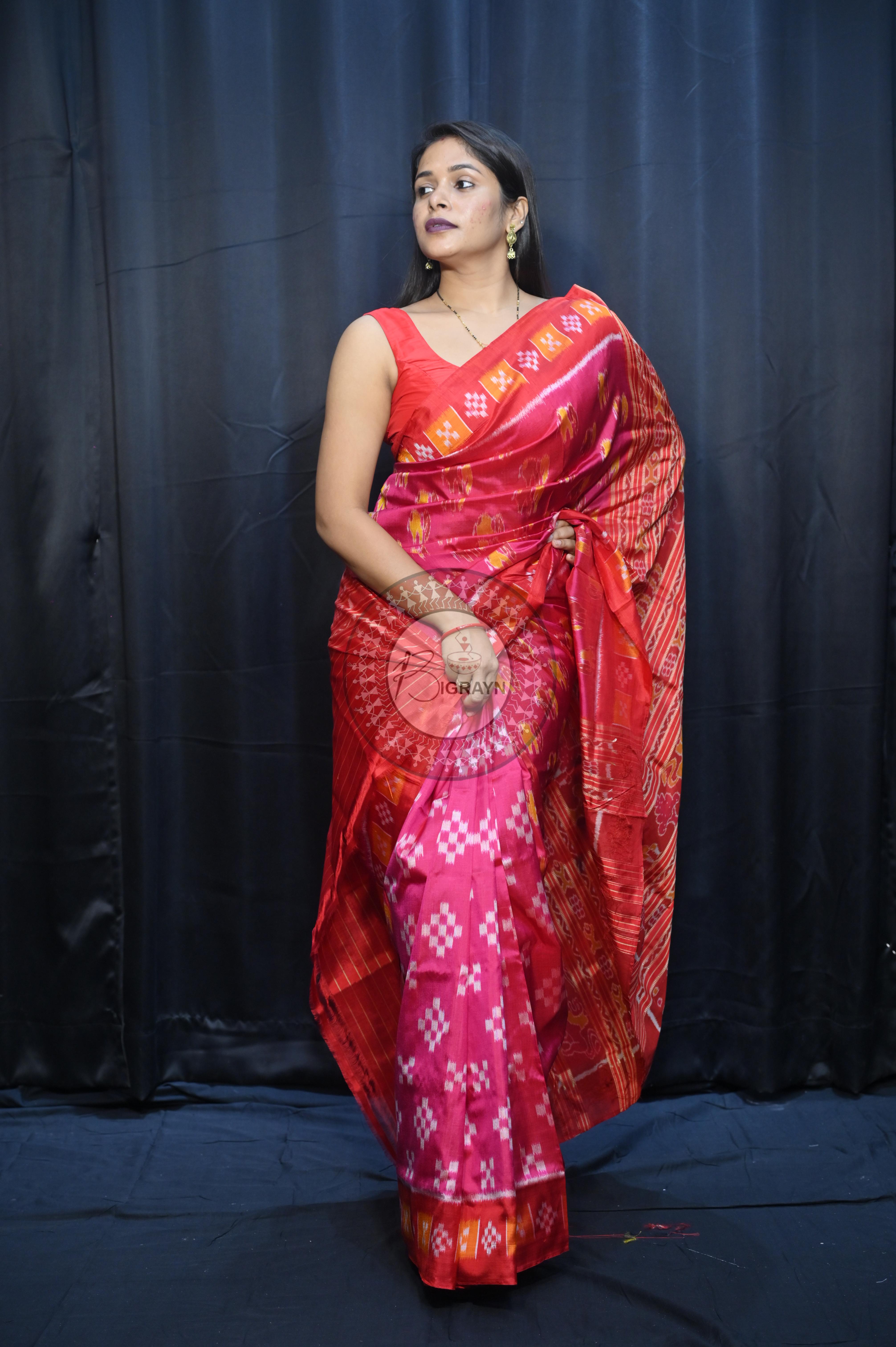 Magenta Red Partly Design Elephant Mulberry Silk Saree