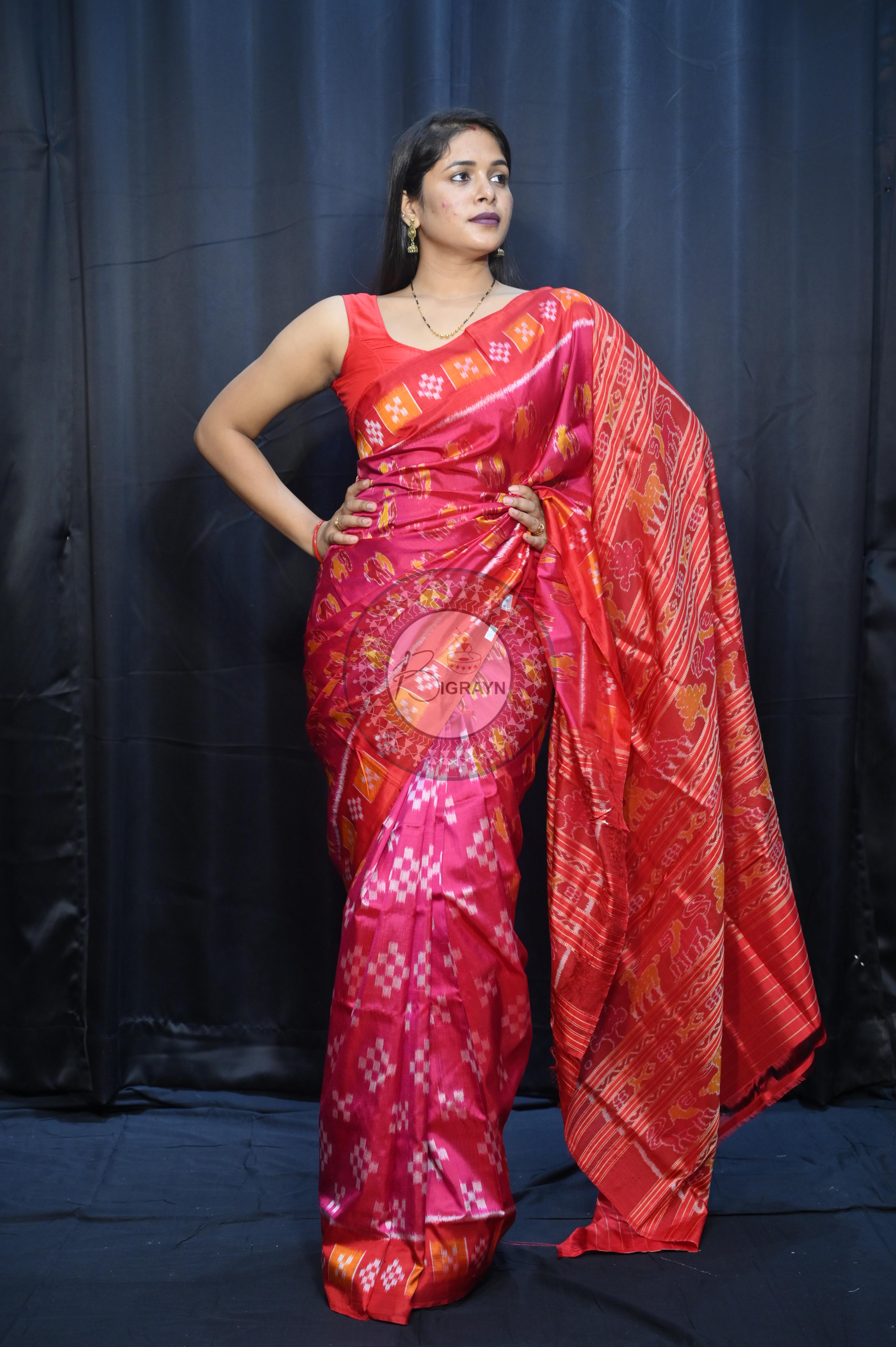 Magenta Red Partly Design Elephant Mulberry Silk Saree