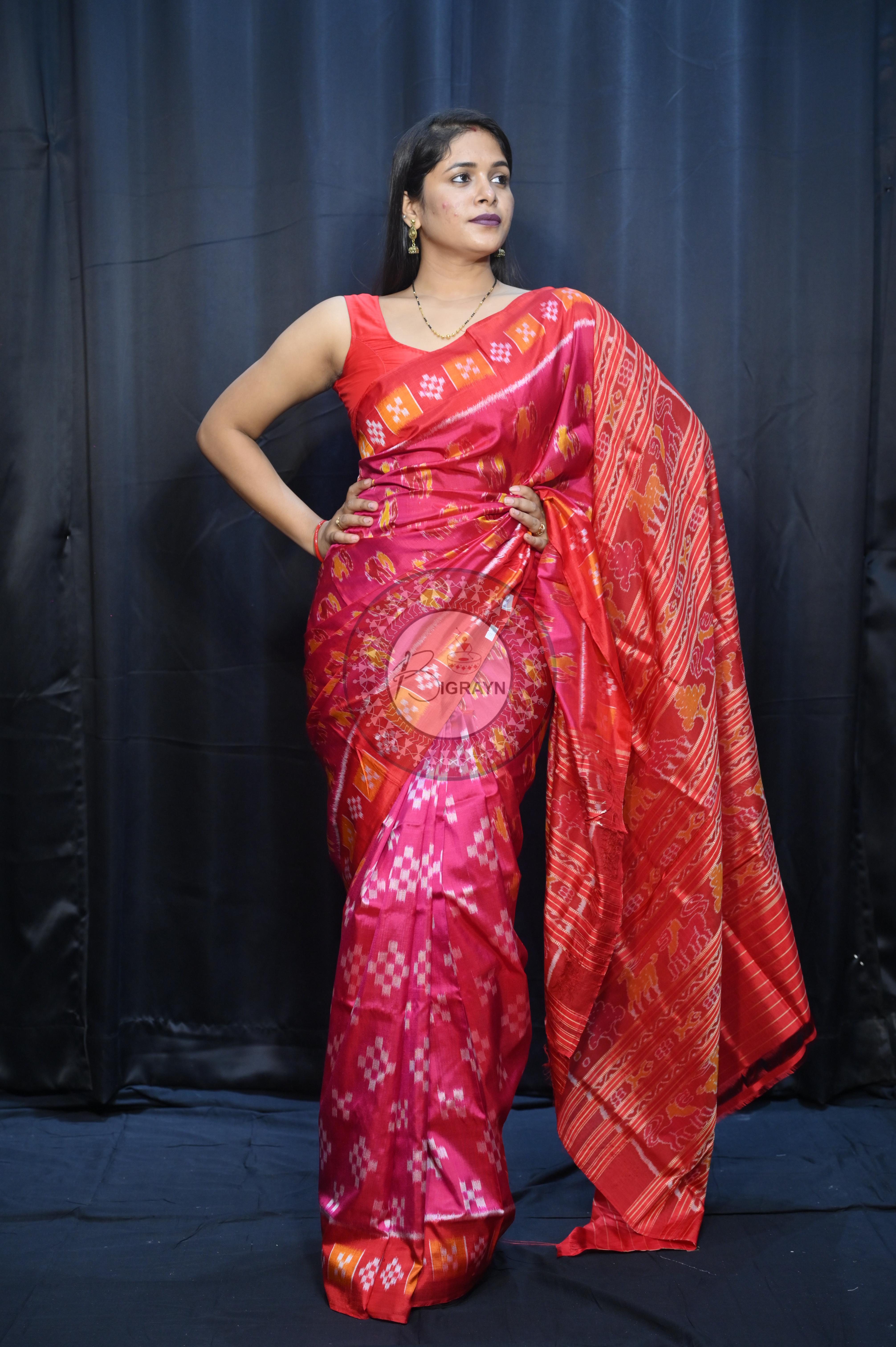 Magenta Red Partly Design Elephant Mulberry Silk Saree