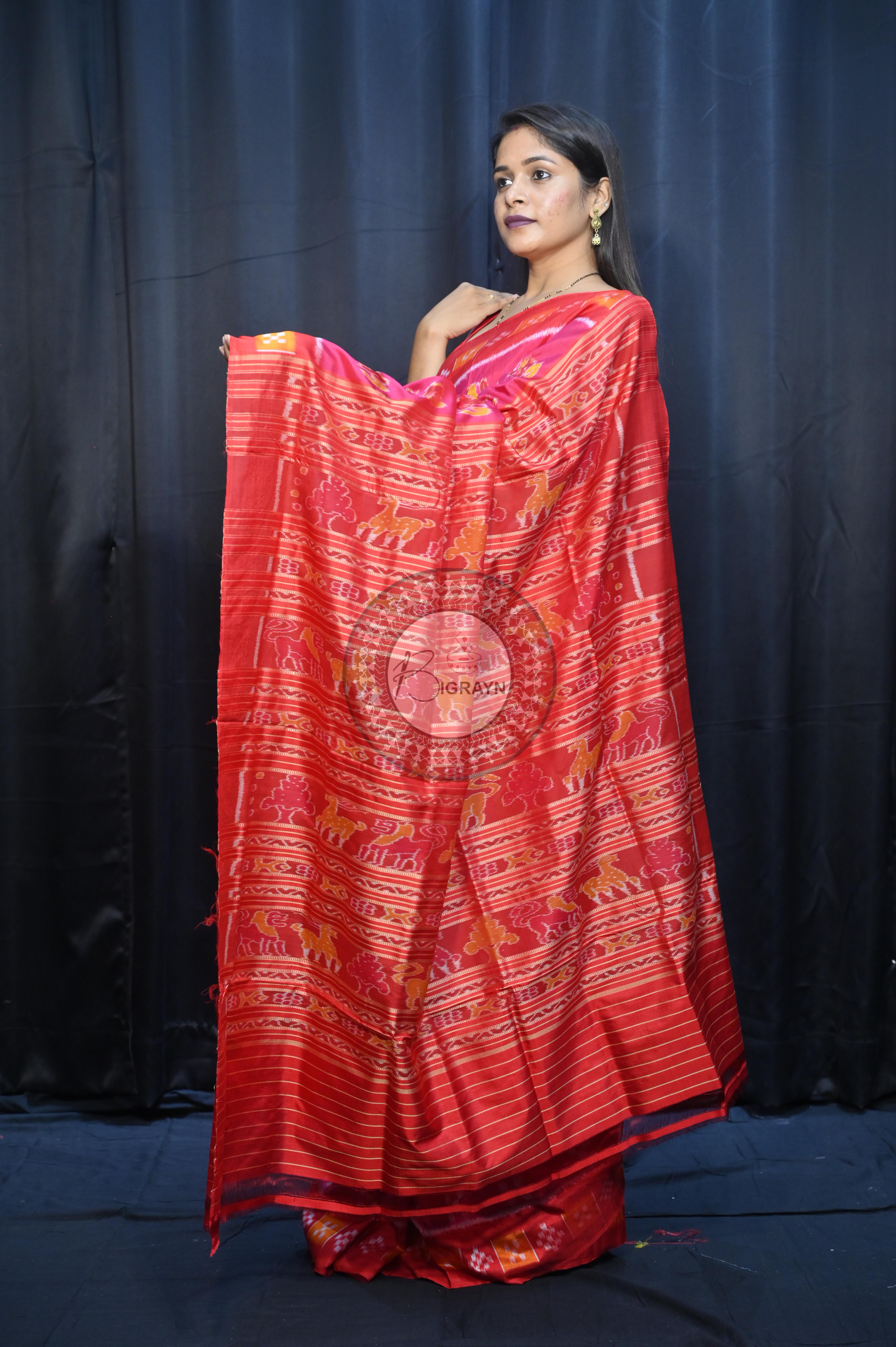 Magenta Red Partly Design Elephant Mulberry Silk Saree