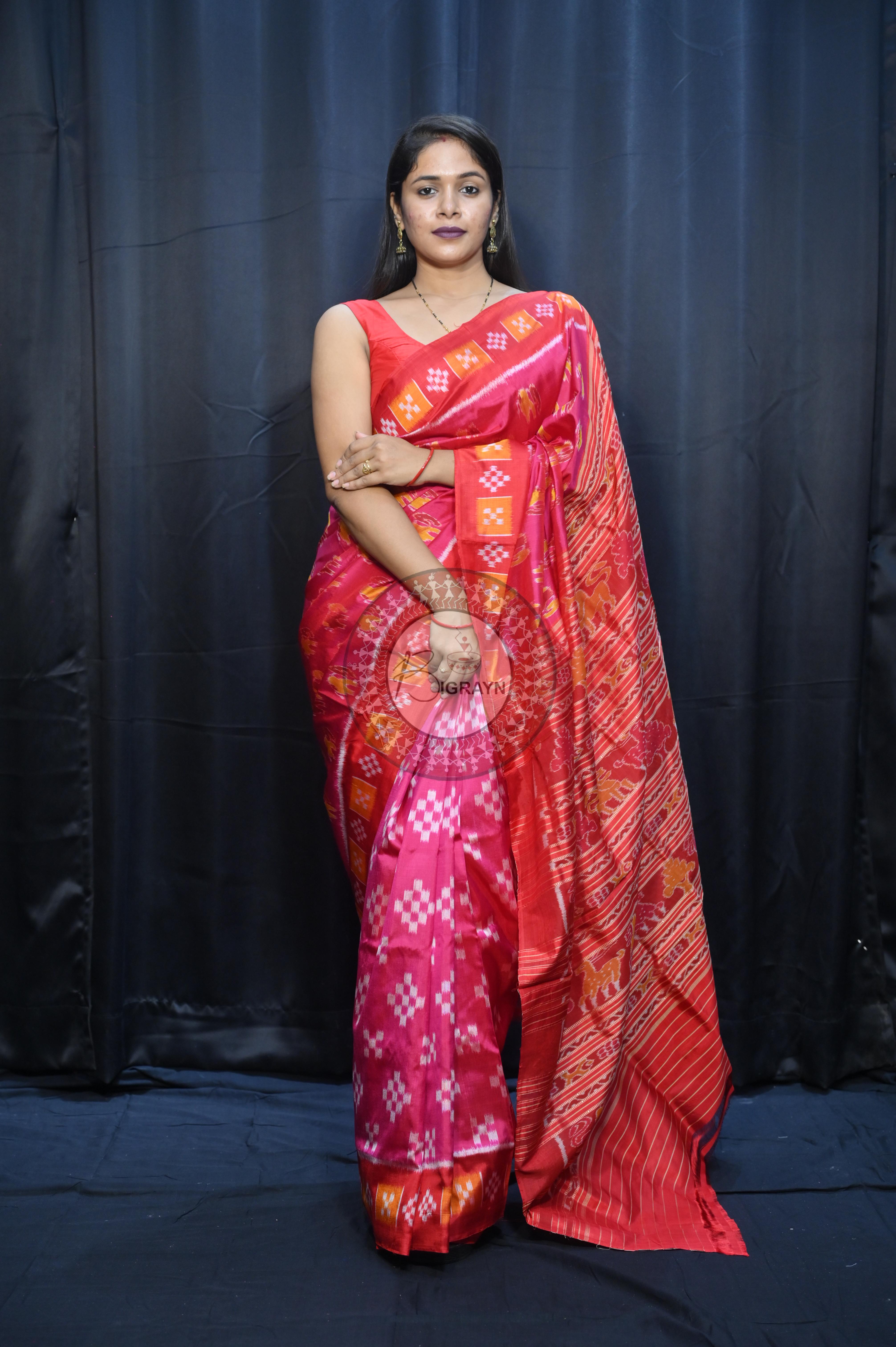 Magenta Red Partly Design Elephant Mulberry Silk Saree