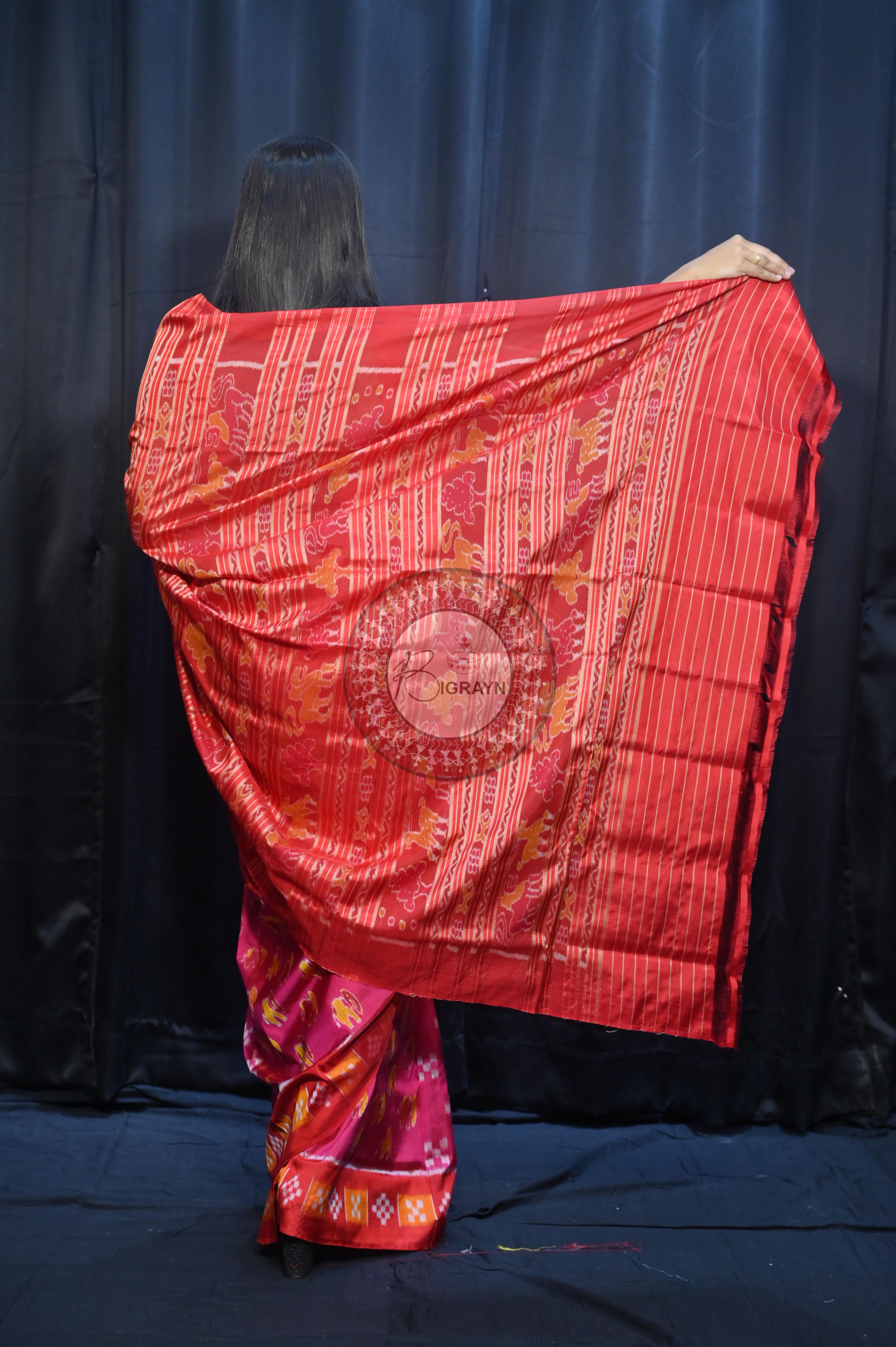 Magenta Red Partly Design Elephant Mulberry Silk Saree