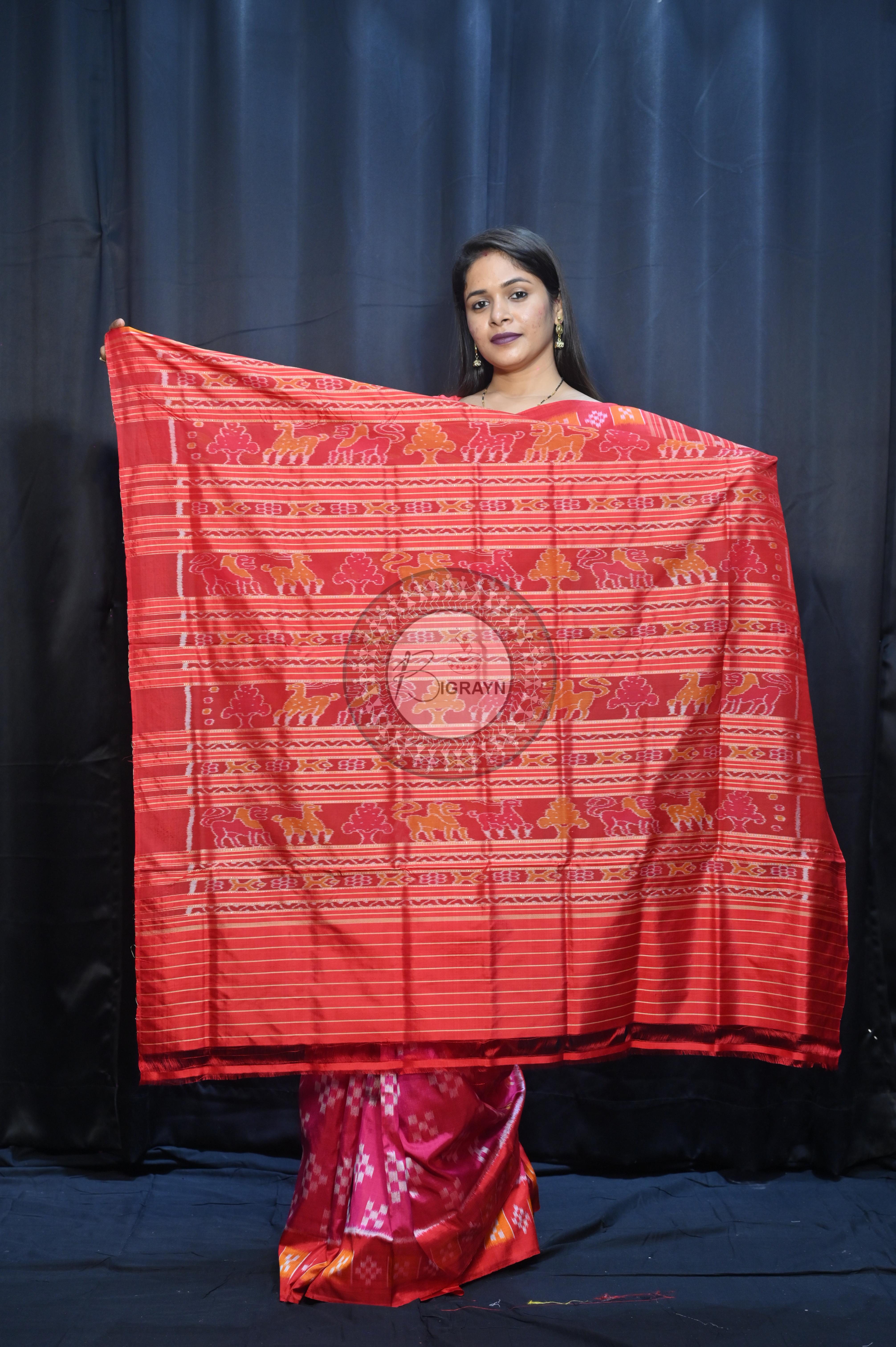 Magenta Red Partly Design Elephant Mulberry Silk Saree