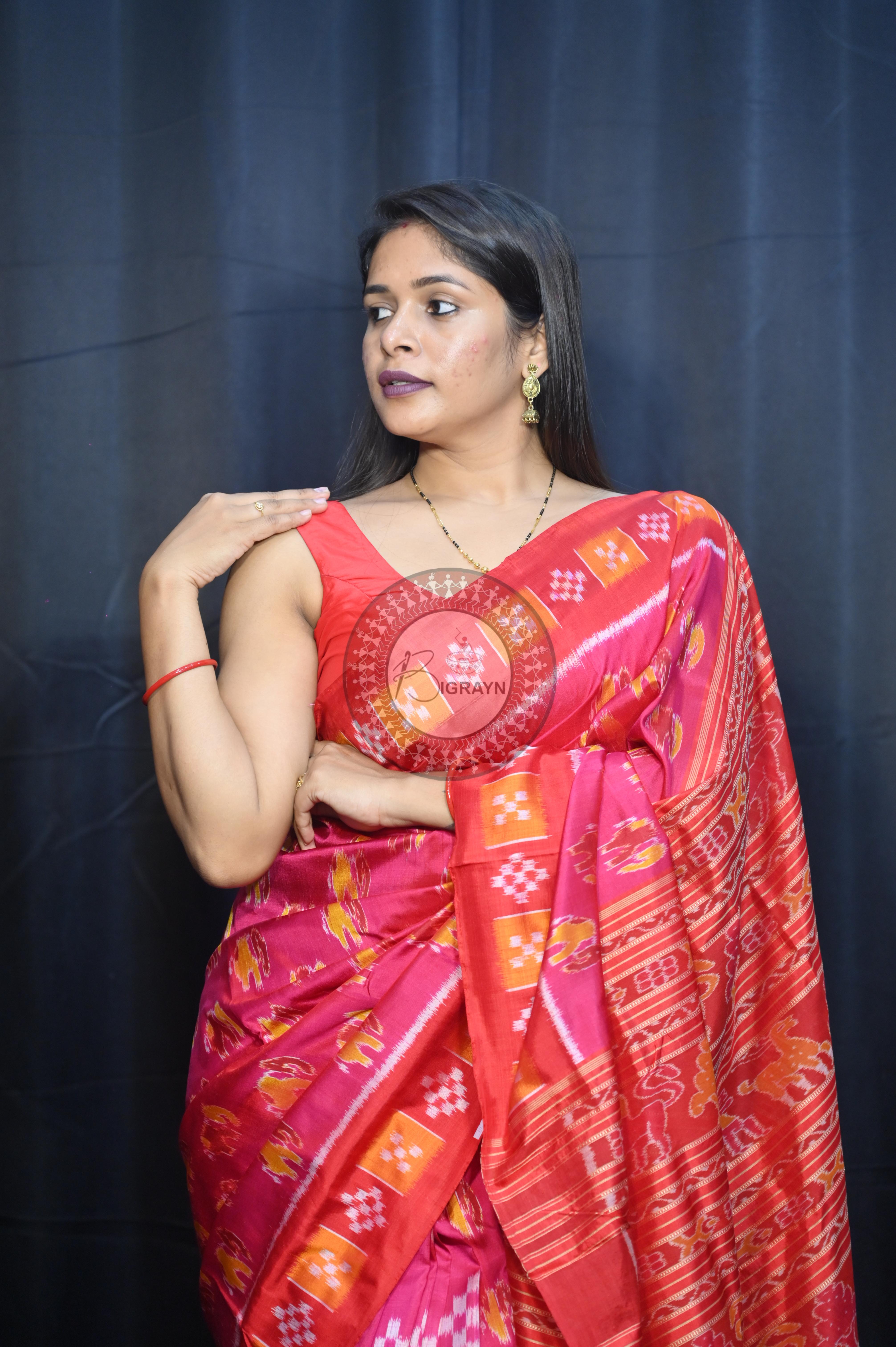 Magenta Red Partly Design Elephant Mulberry Silk Saree