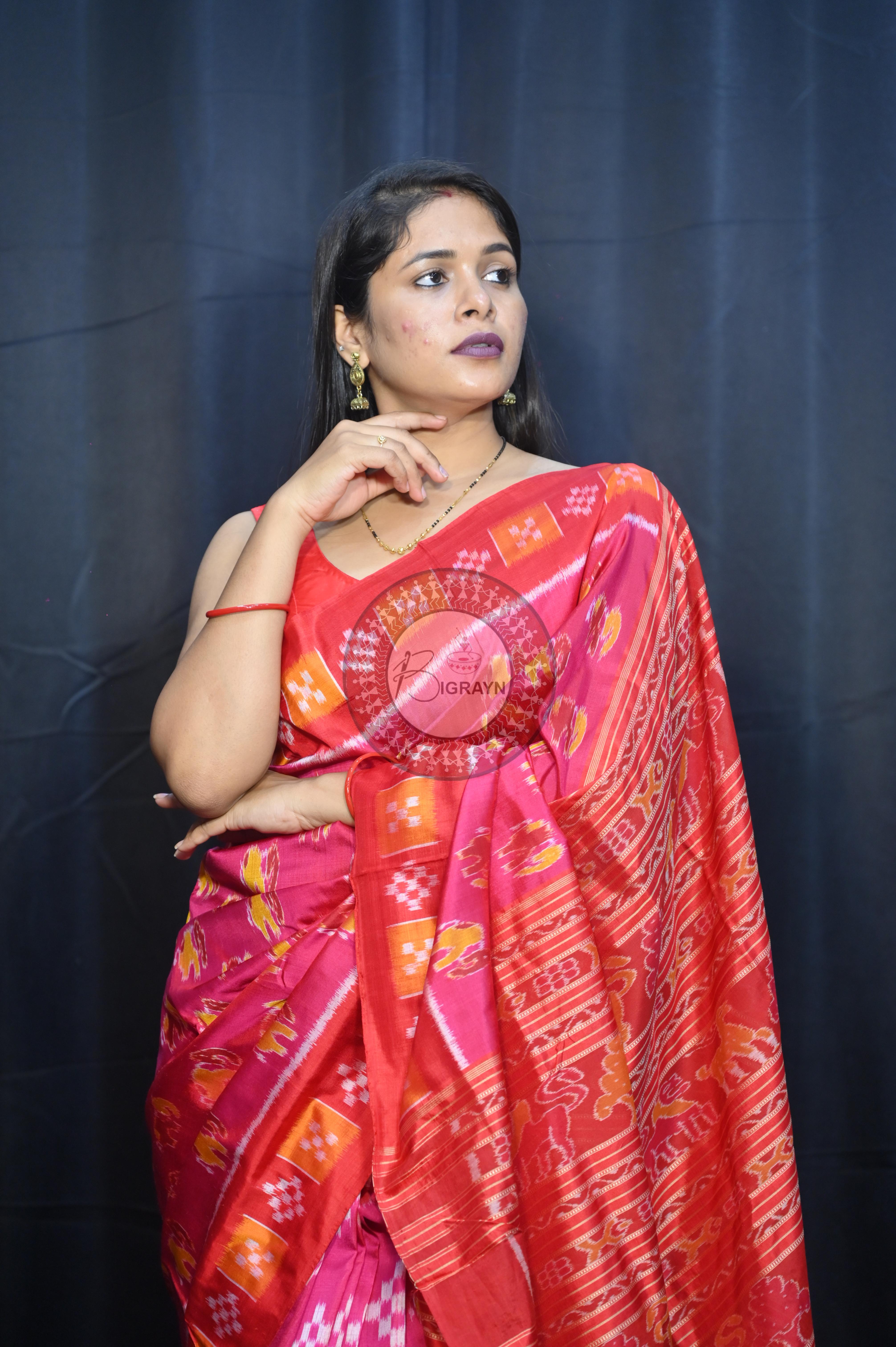 Magenta Red Partly Design Elephant Mulberry Silk Saree