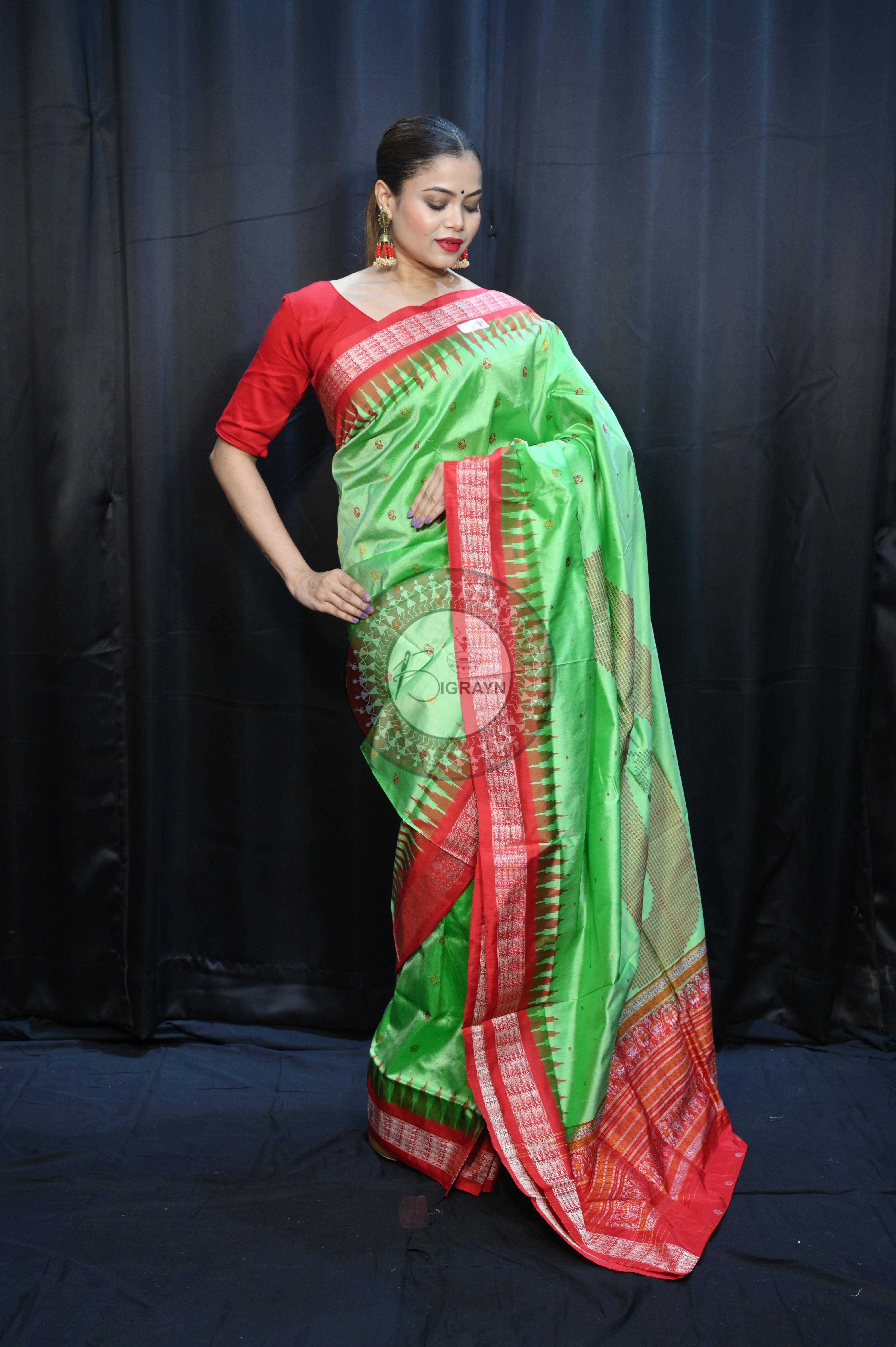 Green Red Parsley Design Bomkai Silk Saree