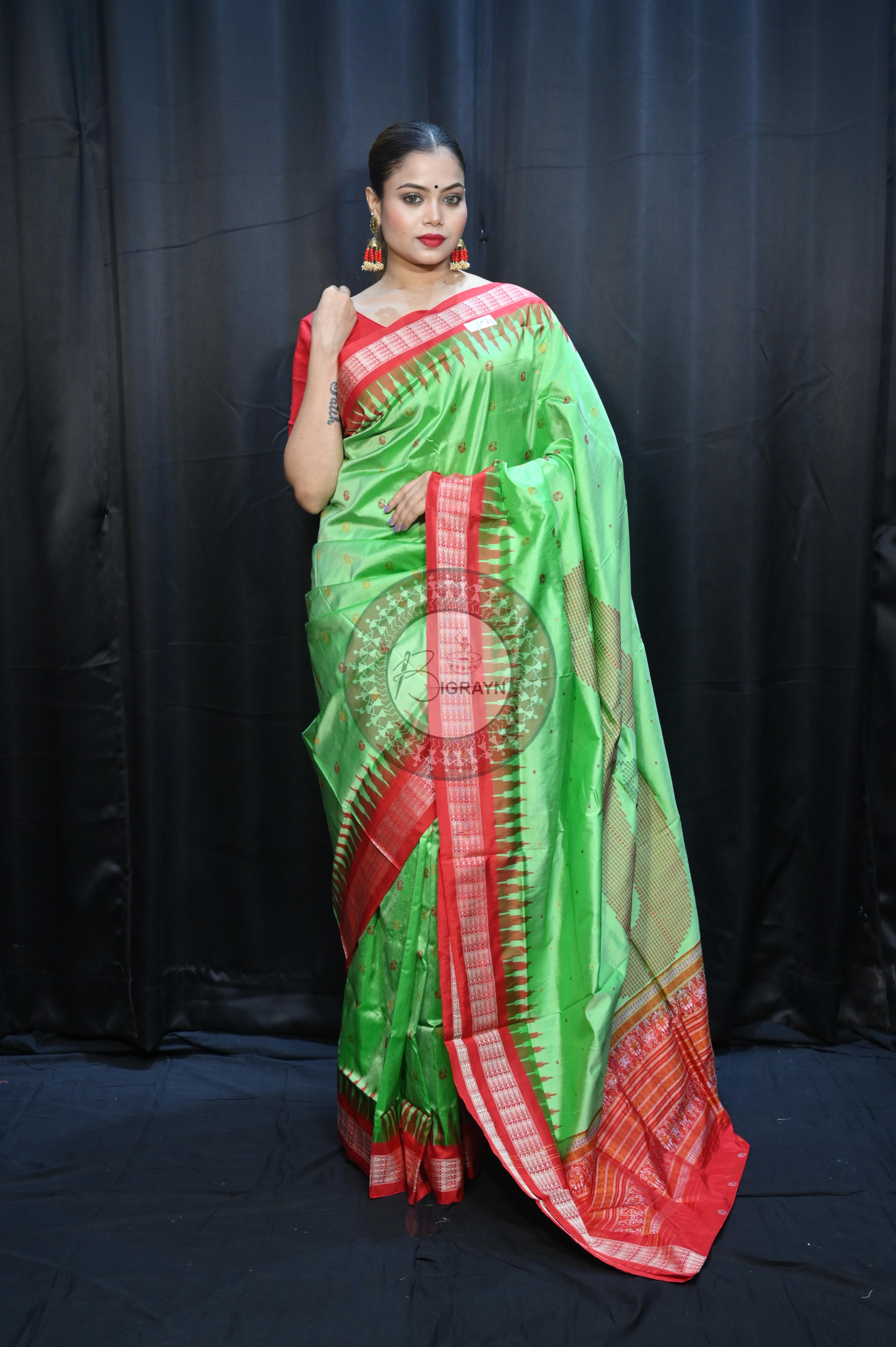 Green Red Parsley Design Bomkai Silk Saree
