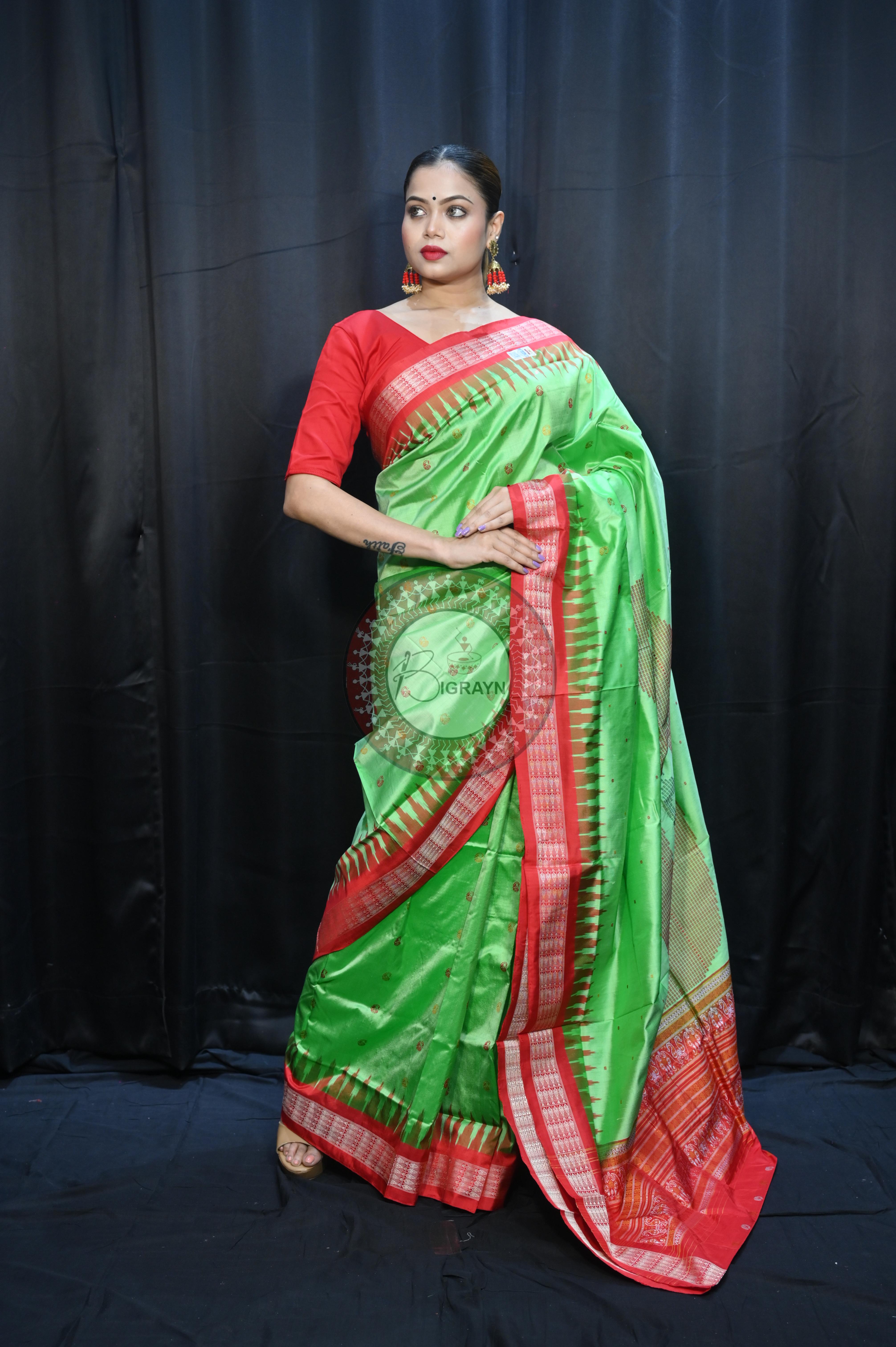 Green Red Parsley Design Bomkai Silk Saree