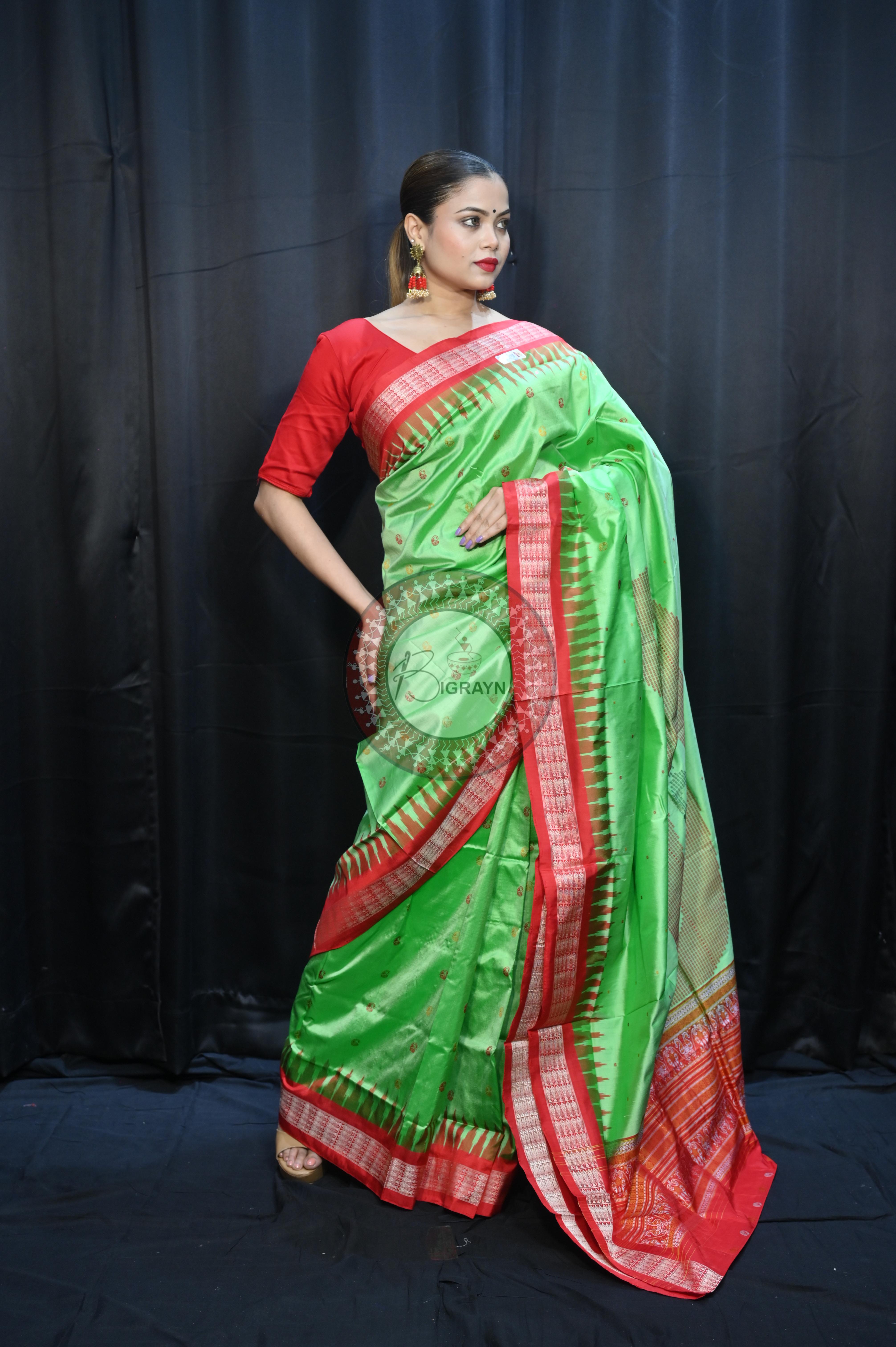 Green Red Parsley Design Bomkai Silk Saree