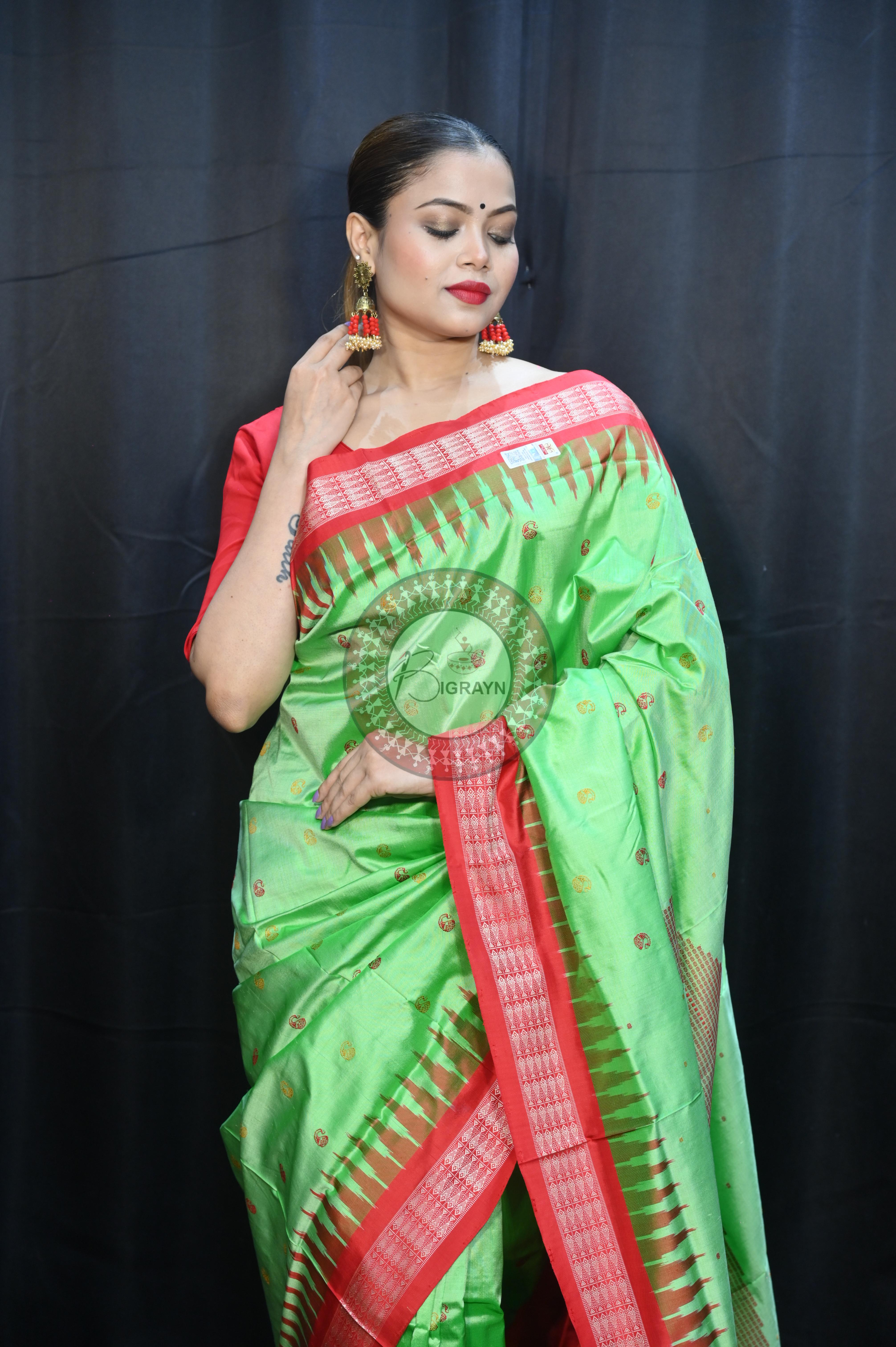 Green Red Parsley Design Bomkai Silk Saree