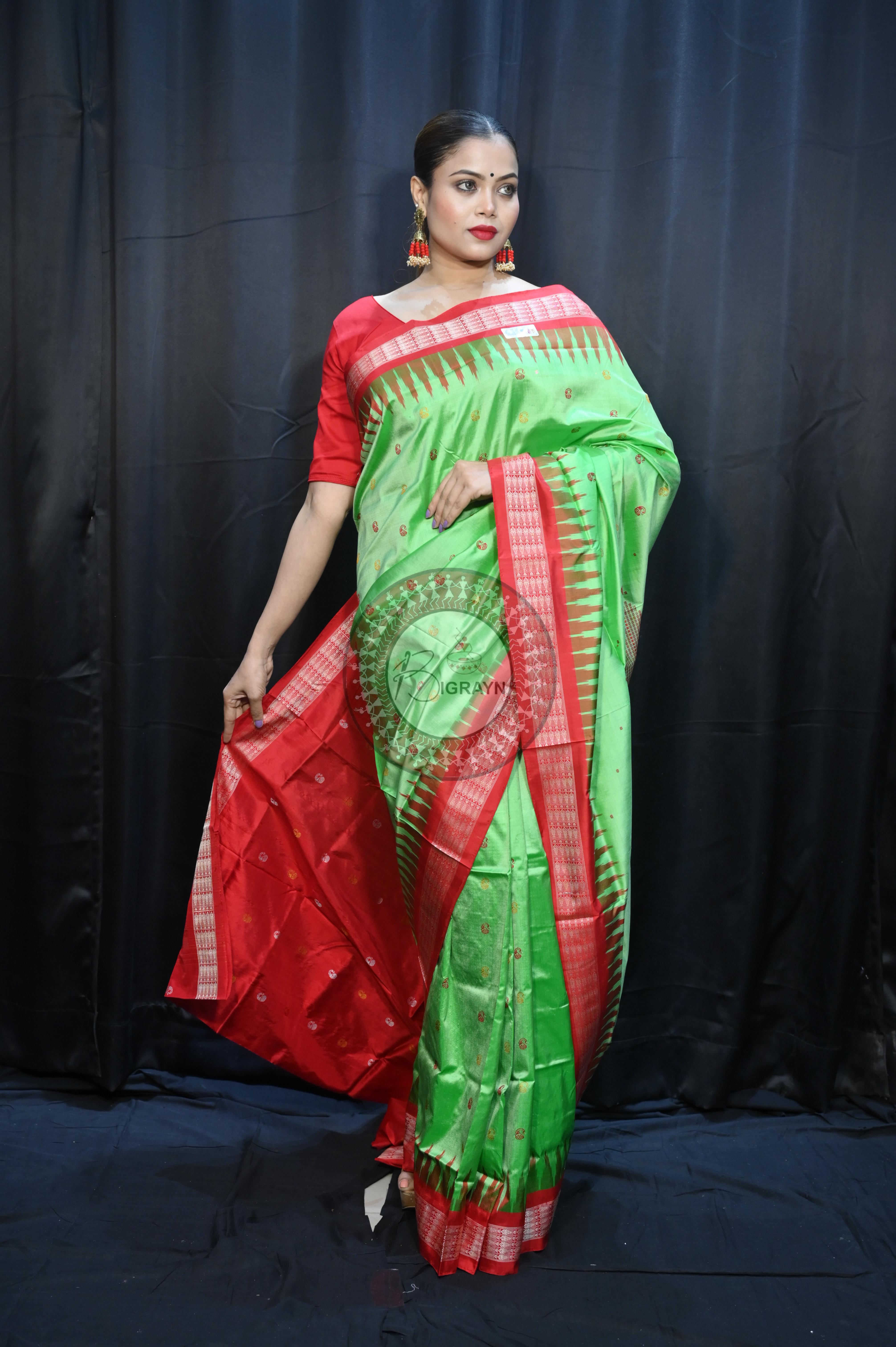 Green Red Parsley Design Bomkai Silk Saree