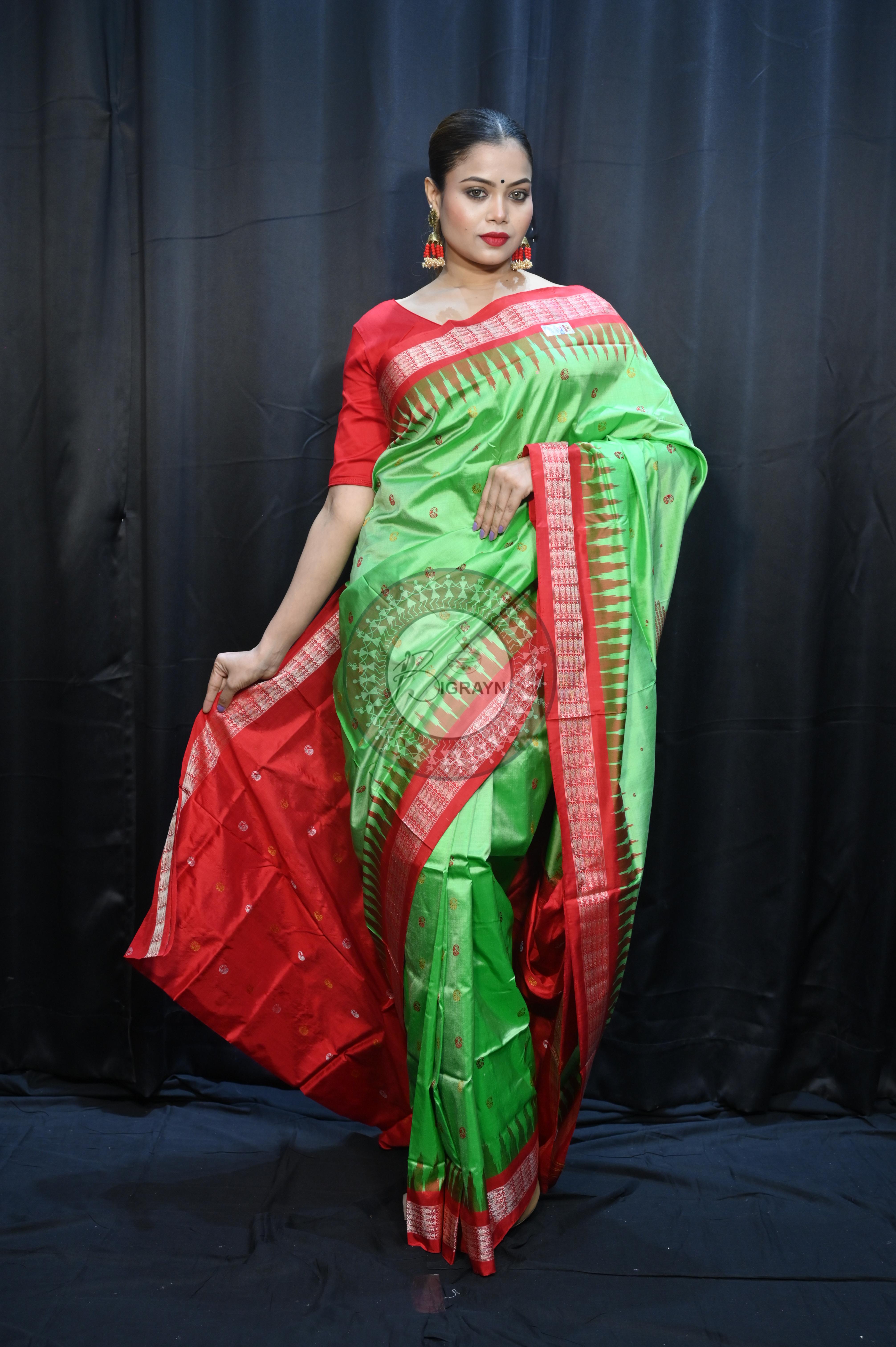 Green Red Parsley Design Bomkai Silk Saree