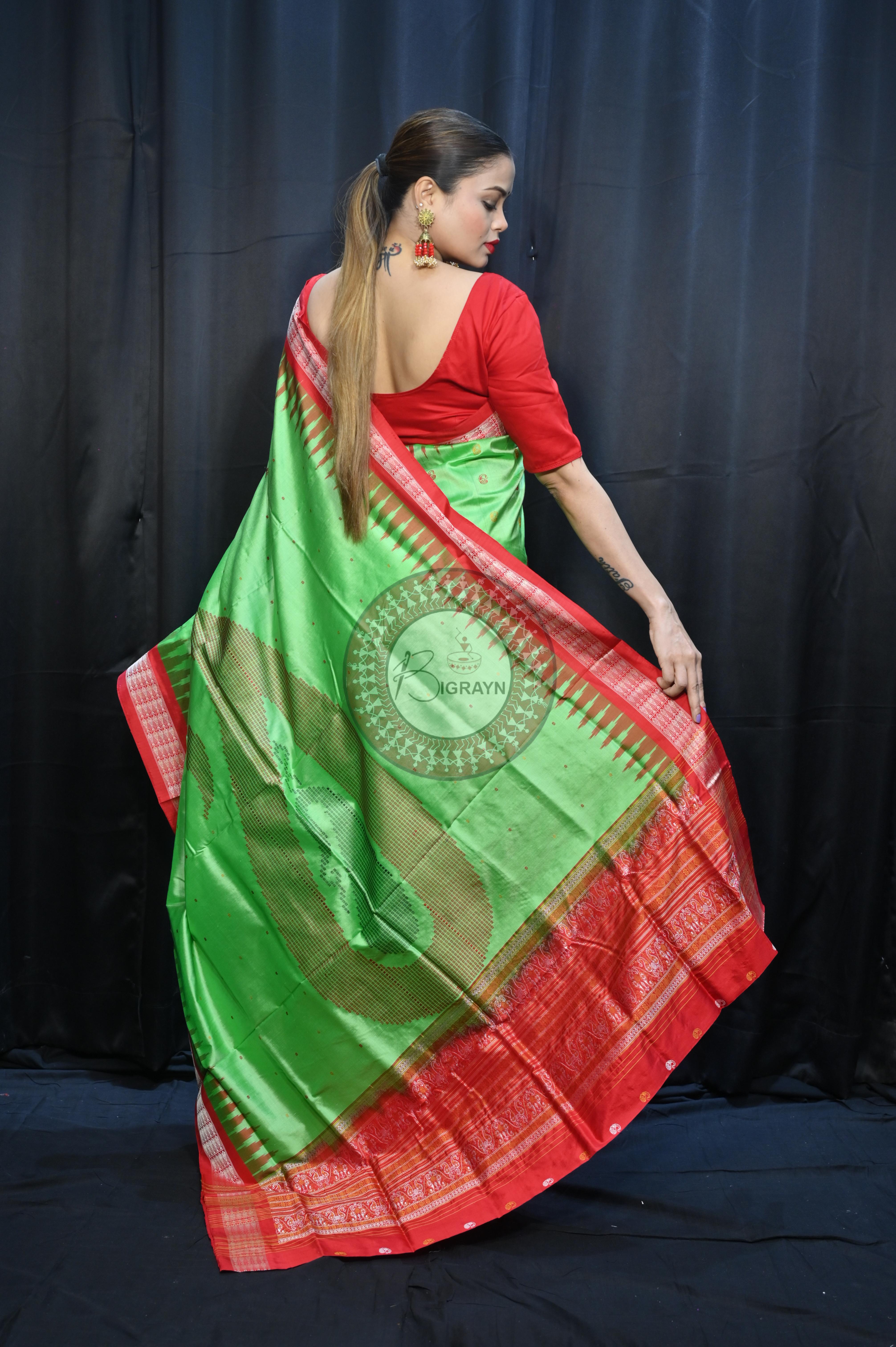 Green Red Parsley Design Bomkai Silk Saree