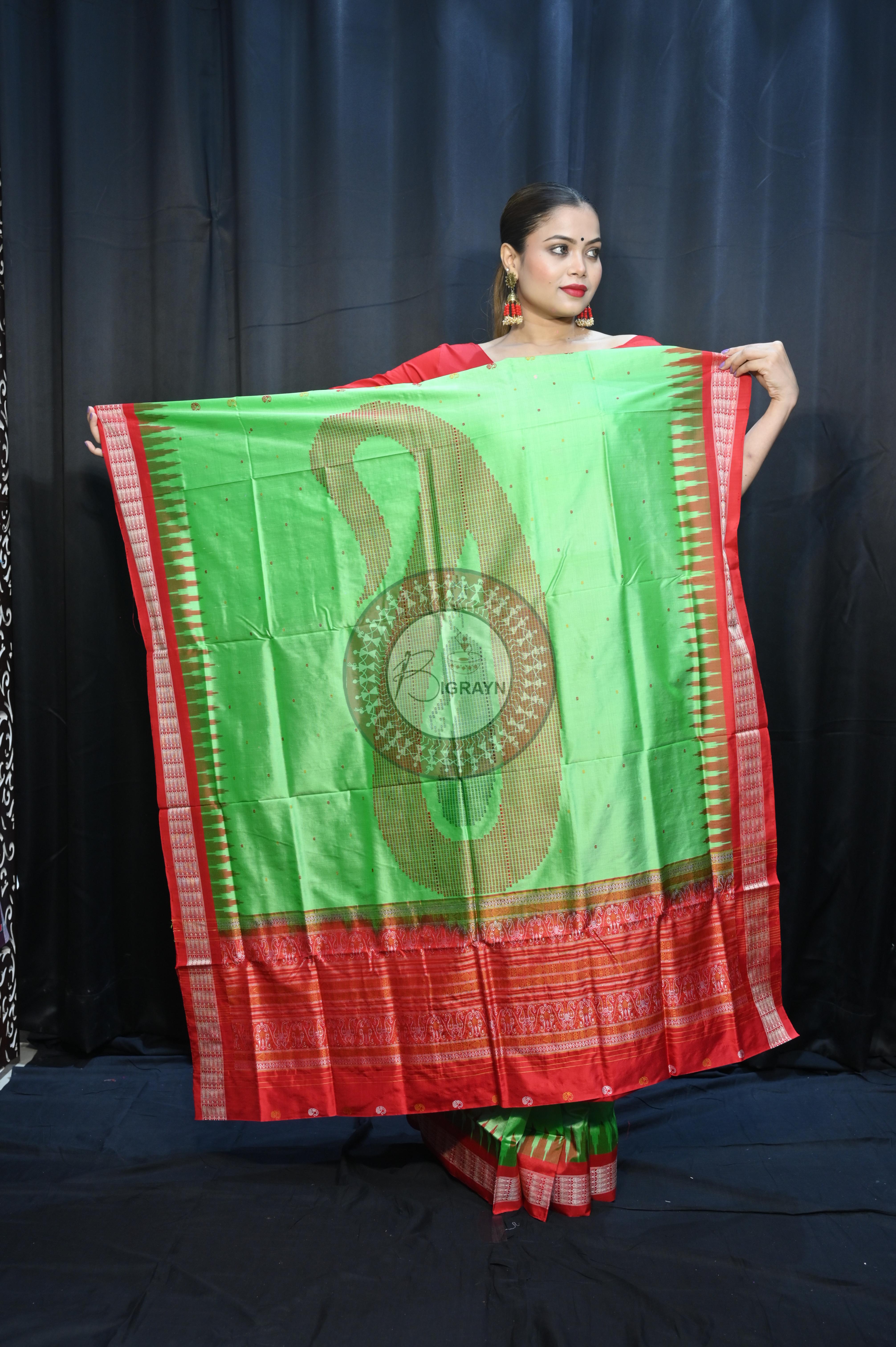 Green Red Parsley Design Bomkai Silk Saree