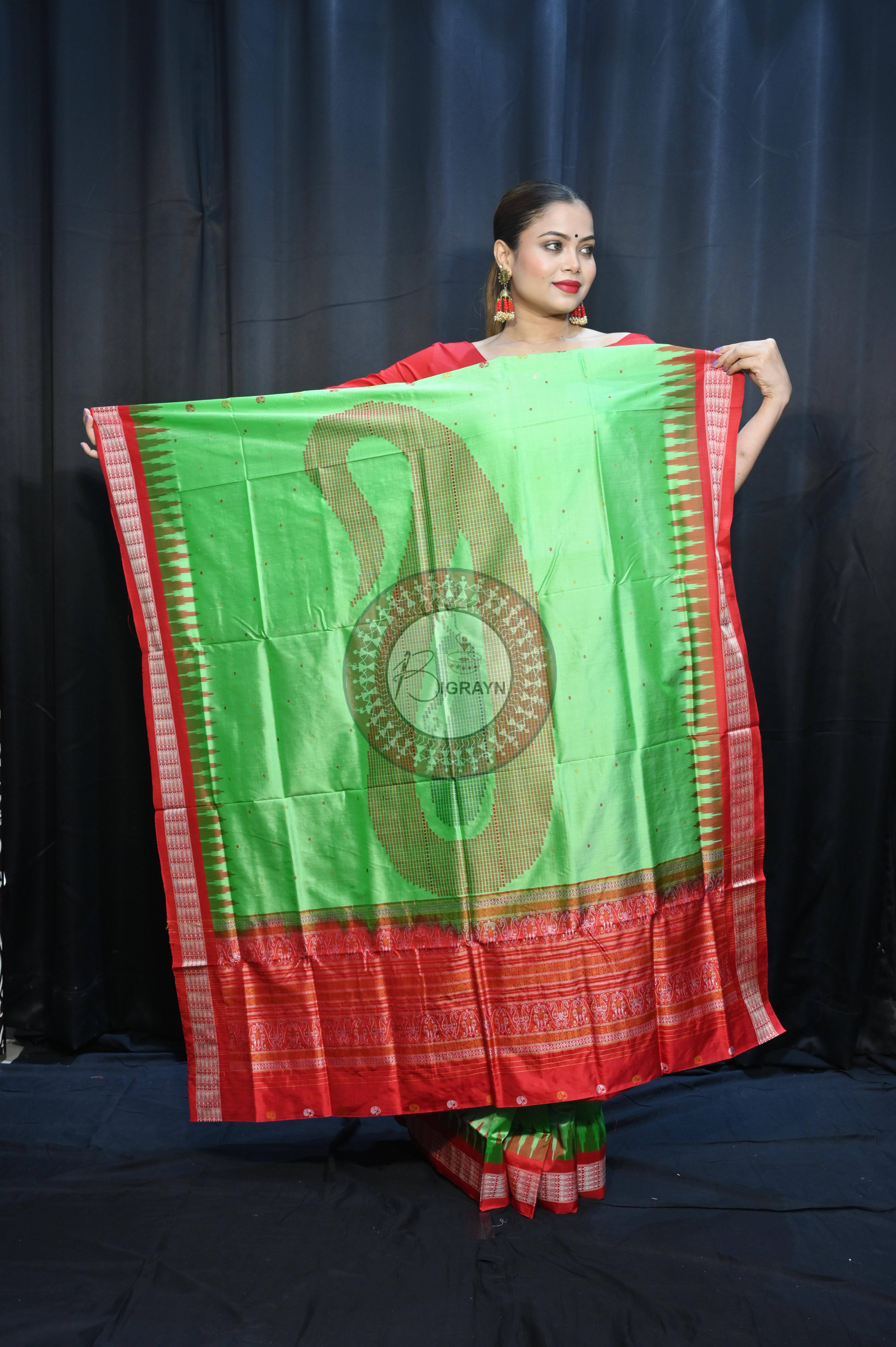 Green Red Parsley Design Bomkai Silk Saree