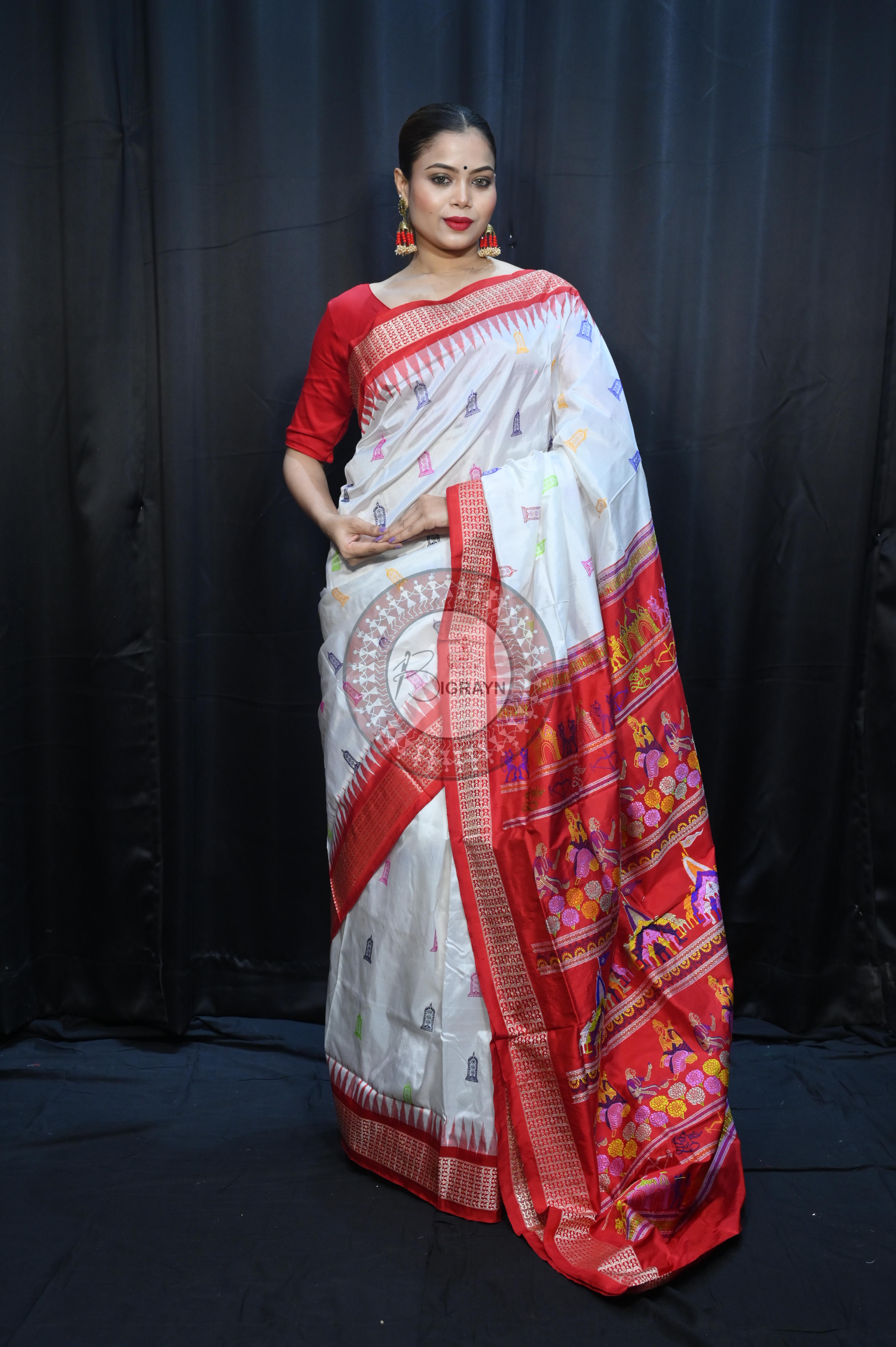 White Red Sri Ram Exclusive Sambalpuri Silk Saree