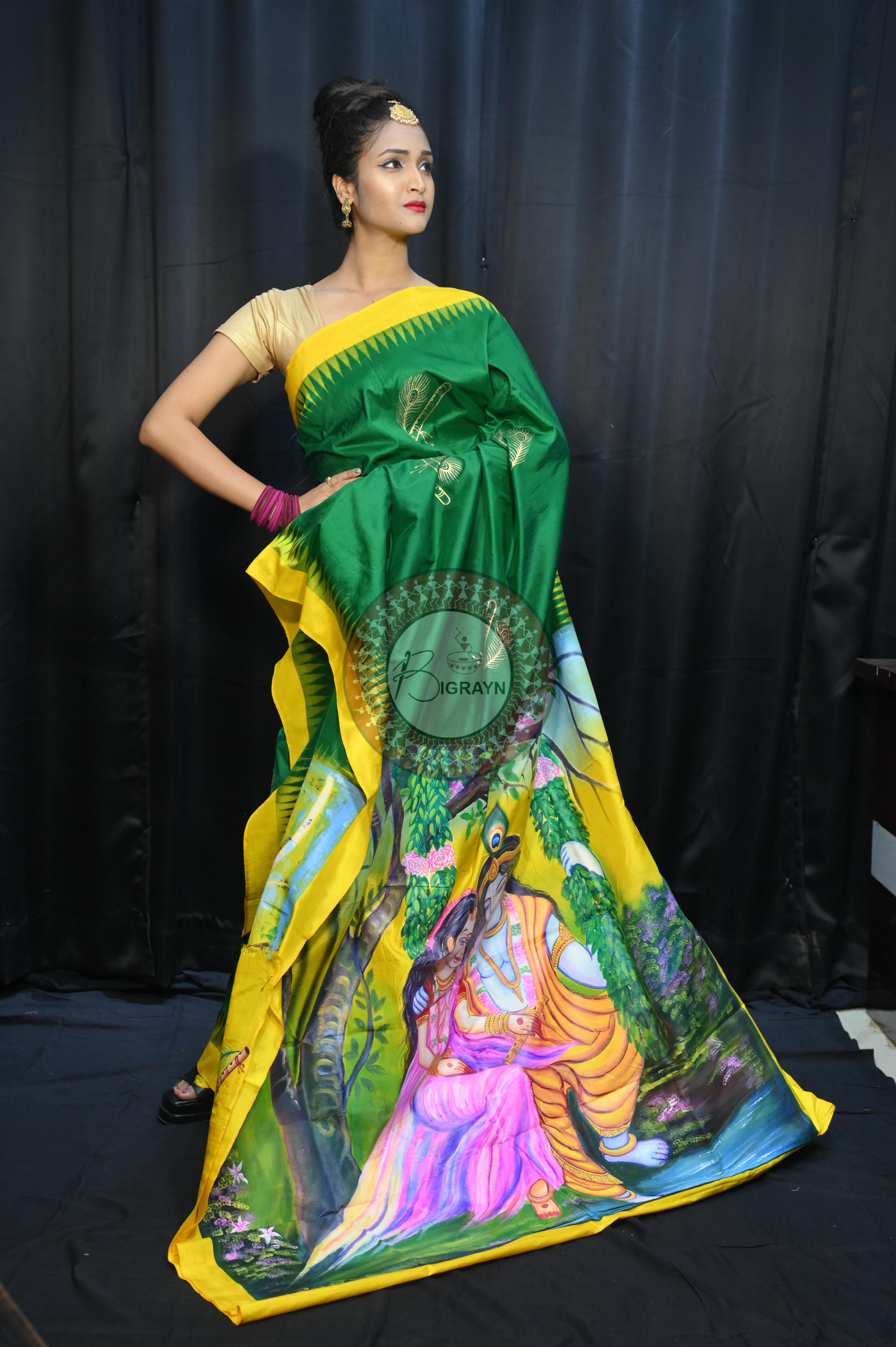 Buttle Green Yellow Radha Krishna Mordern Art Theme Pattachitra Silk Saree