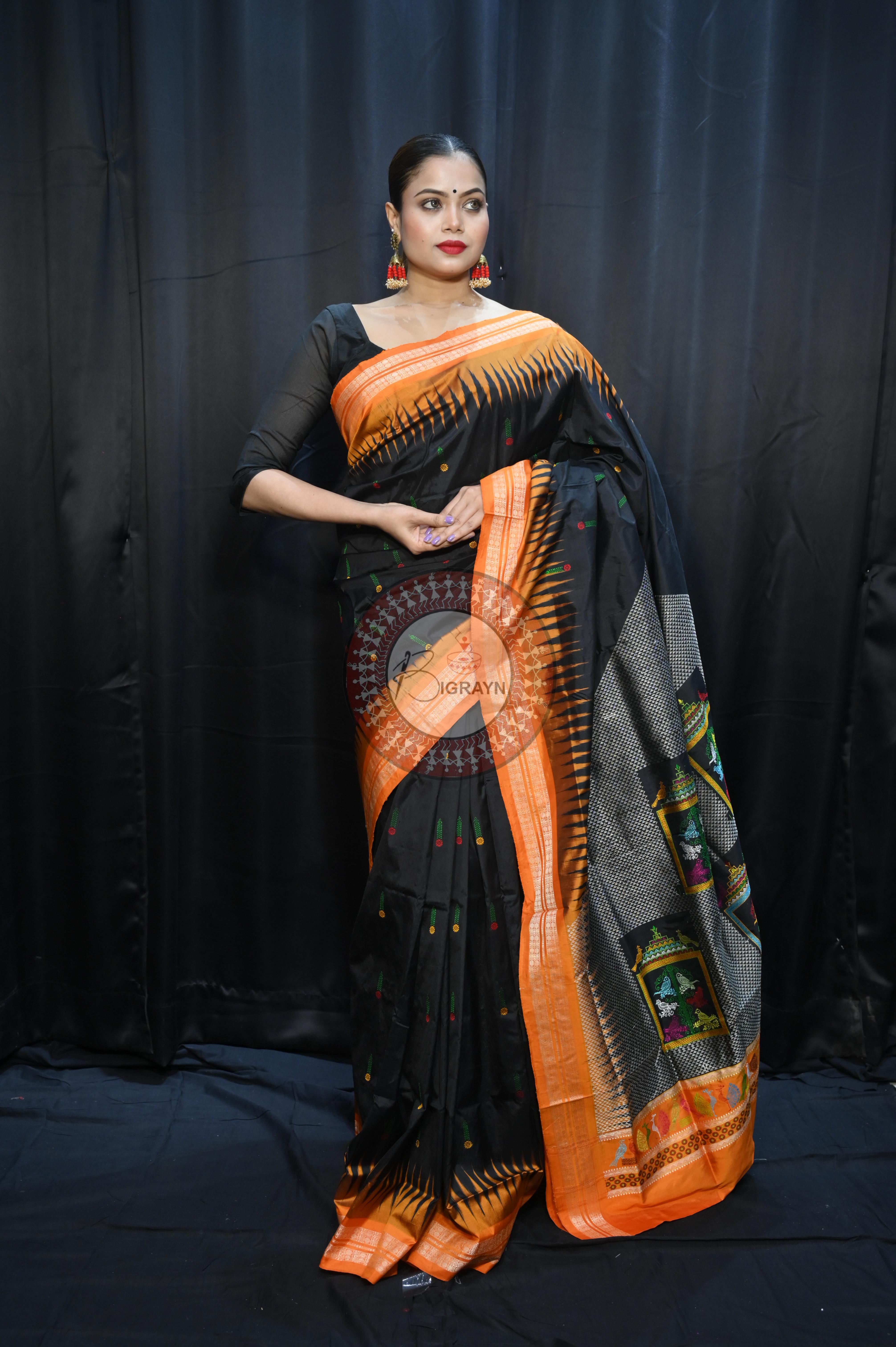 Black Orange Panjuri Design Odisha Handloom Bomkai Silk Saree