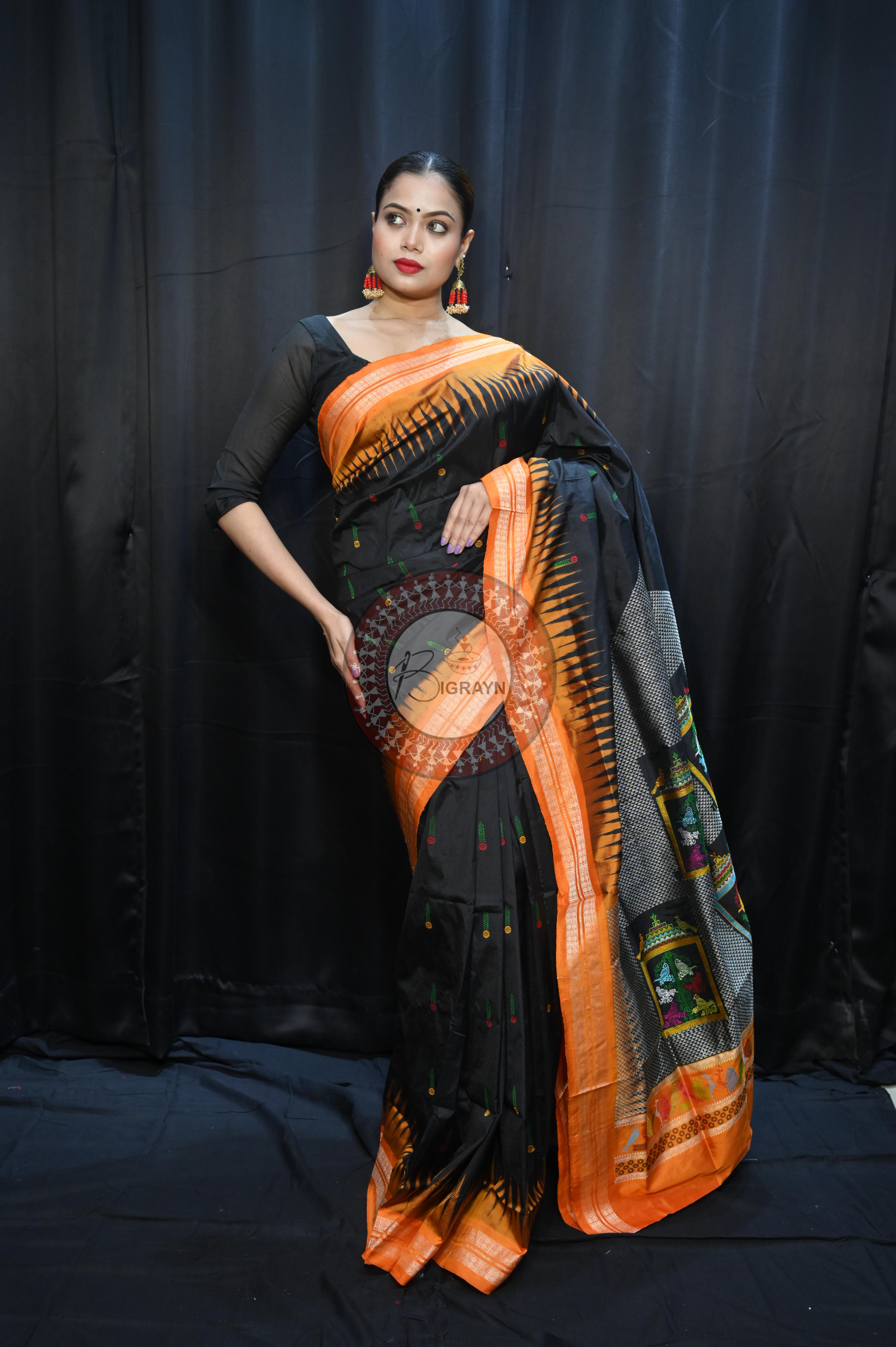 Black Orange Panjuri Design Odisha Handloom Bomkai Silk Saree