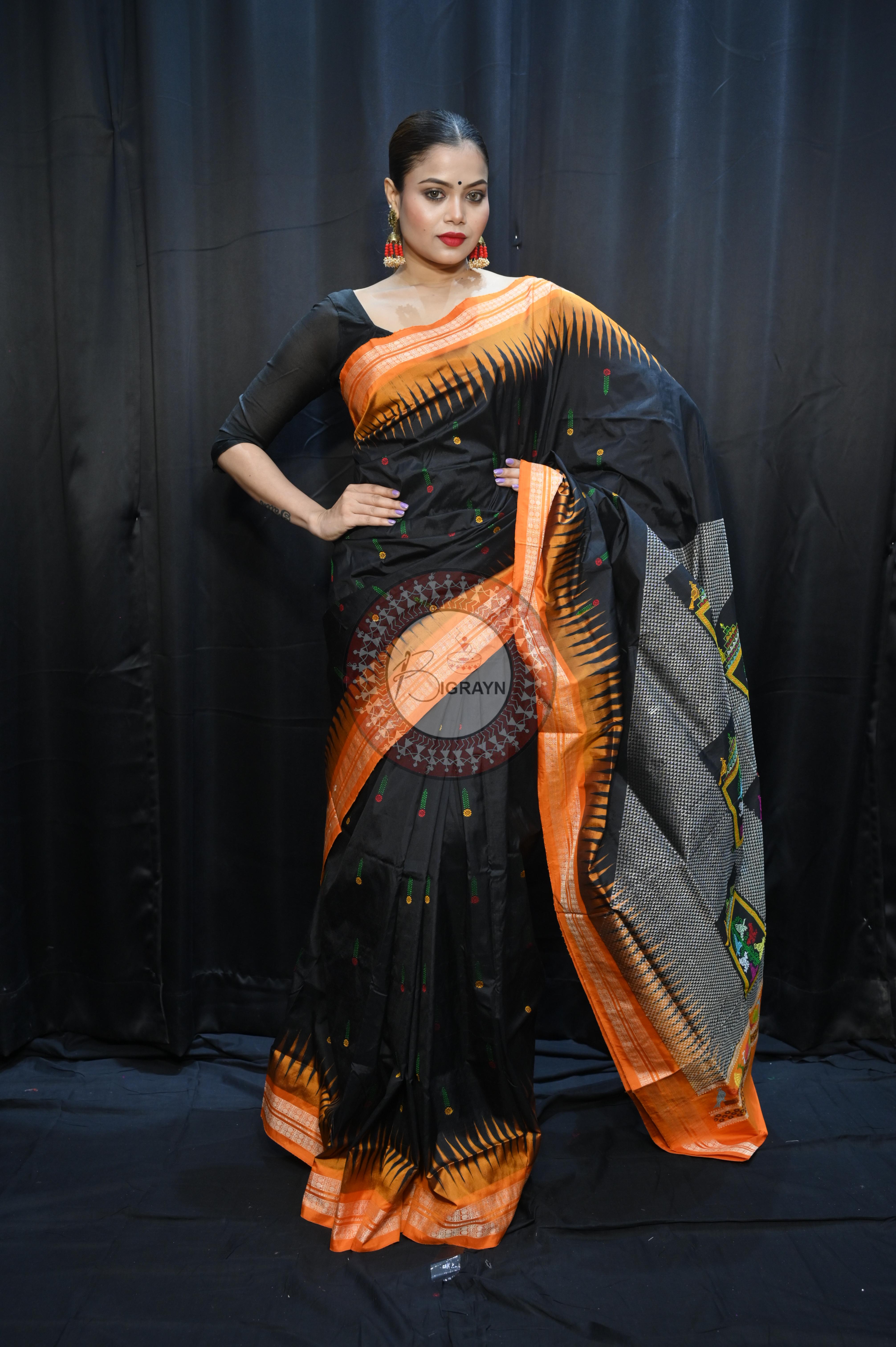 Black Orange Panjuri Design Odisha Handloom Bomkai Silk Saree