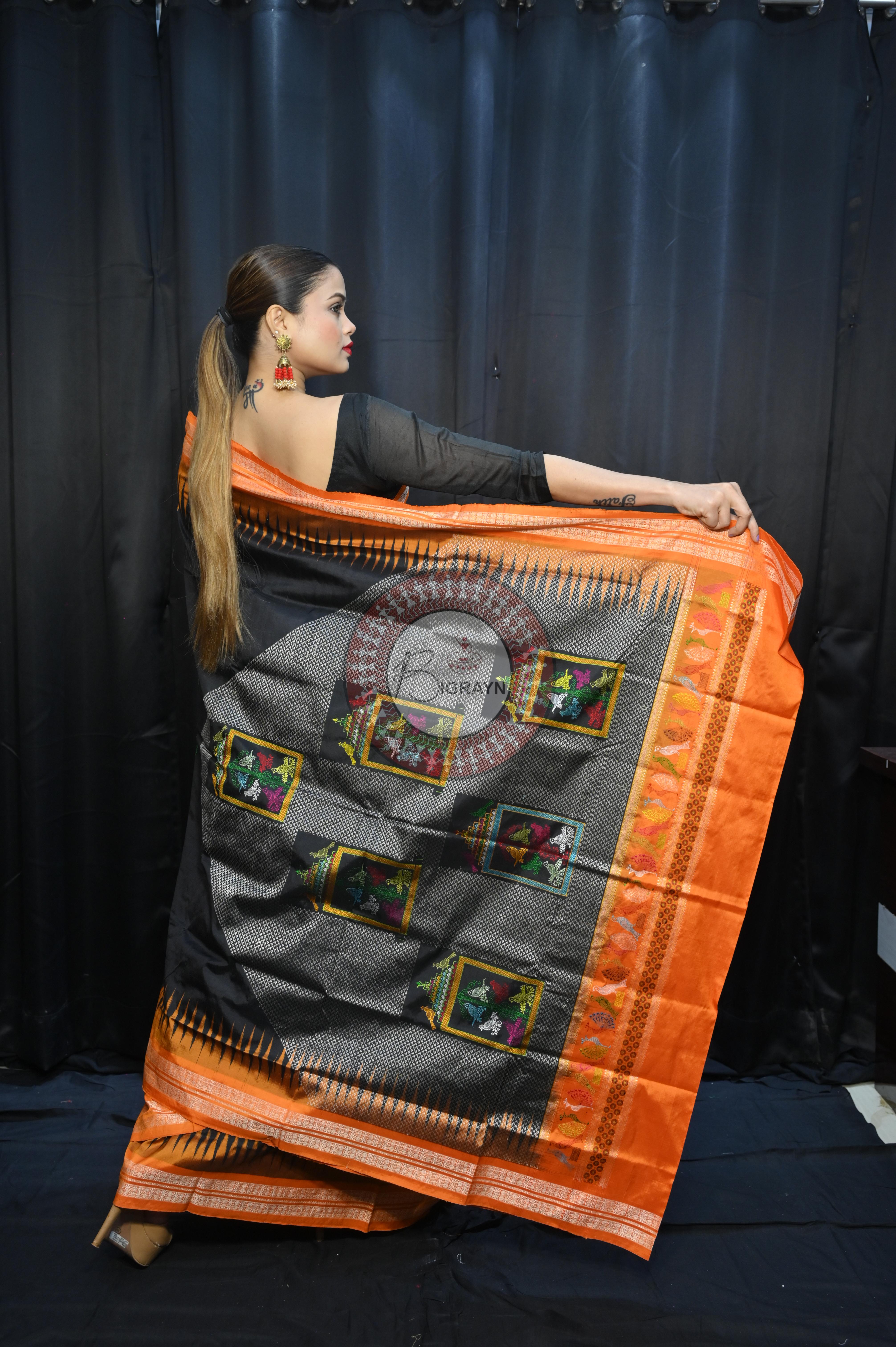 Black Orange Panjuri Design Odisha Handloom Bomkai Silk Saree