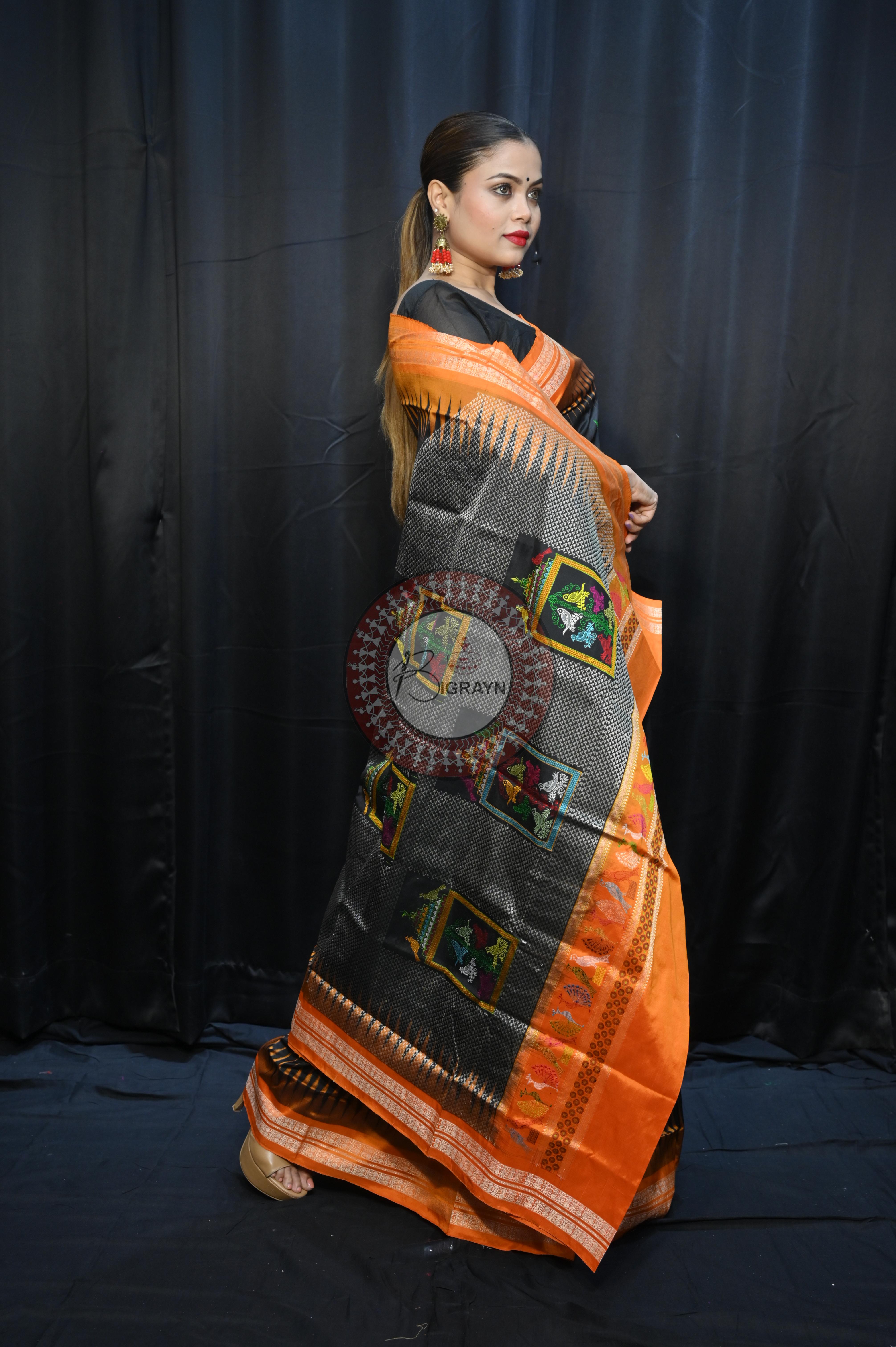 Black Orange Panjuri Design Odisha Handloom Bomkai Silk Saree