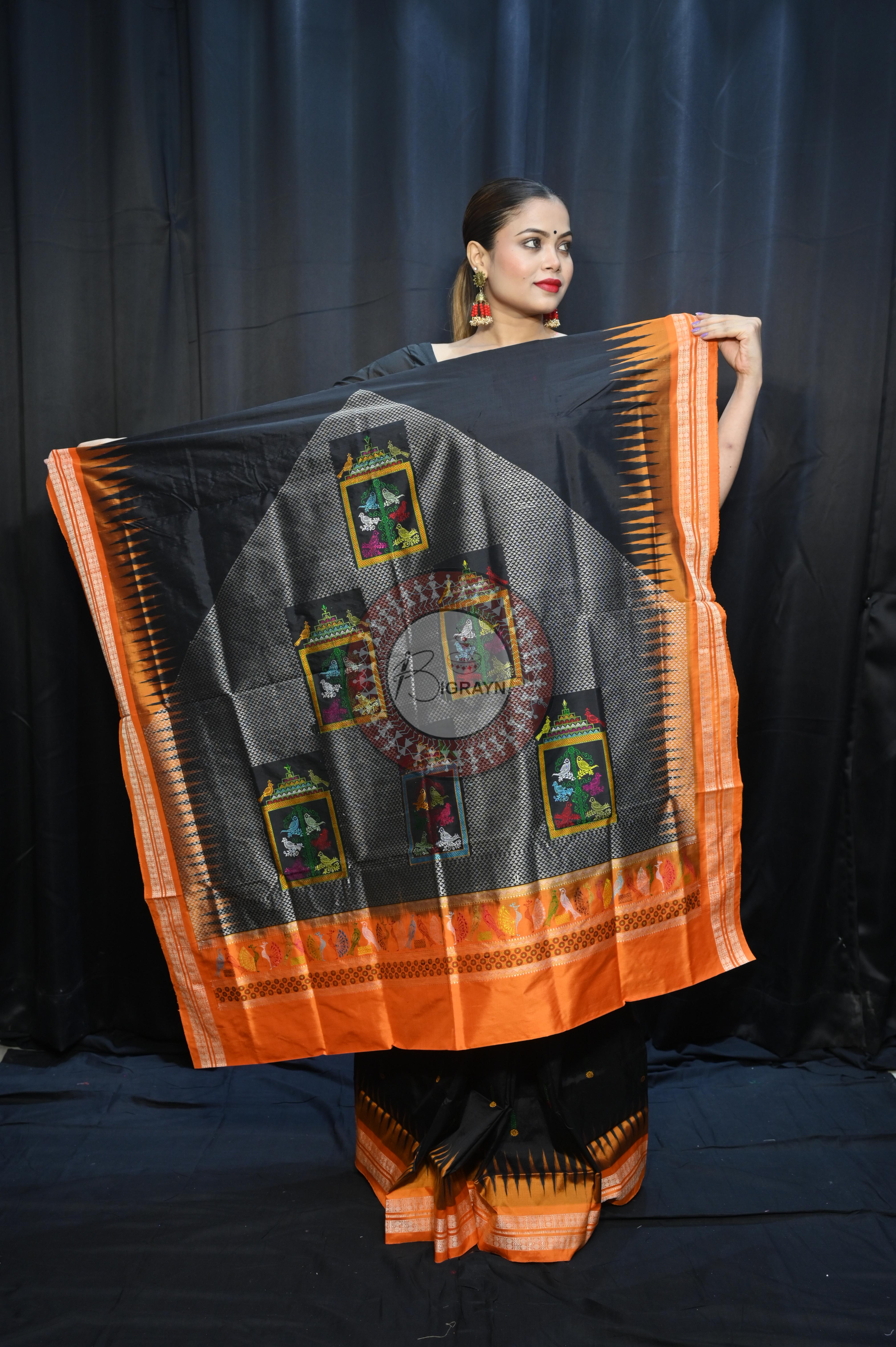 Black Orange Panjuri Design Odisha Handloom Bomkai Silk Saree
