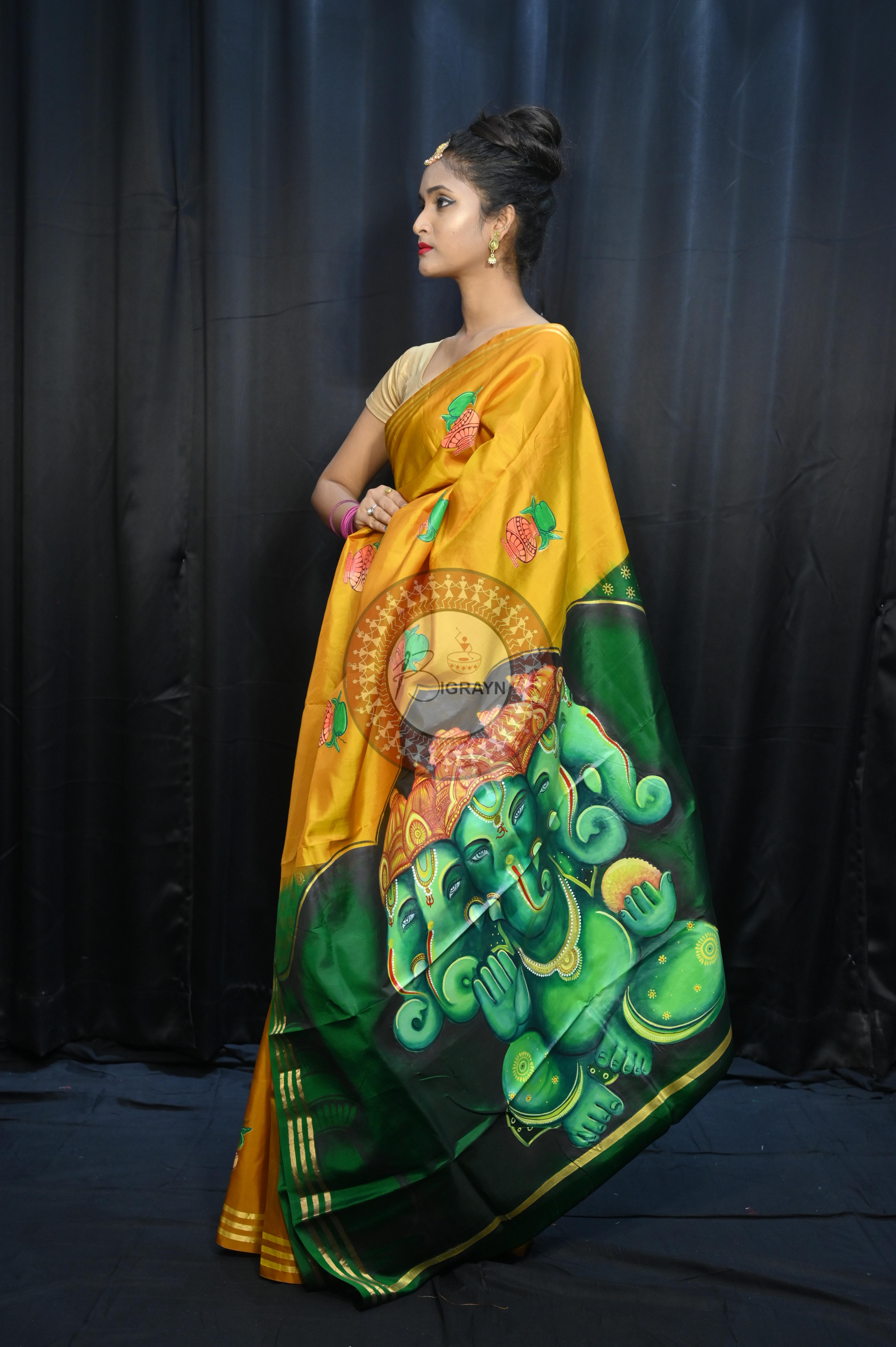 Yellow Green Pancha Mukhi Ganesh Theme Pattachitra Kanjeeveram Silk Saree