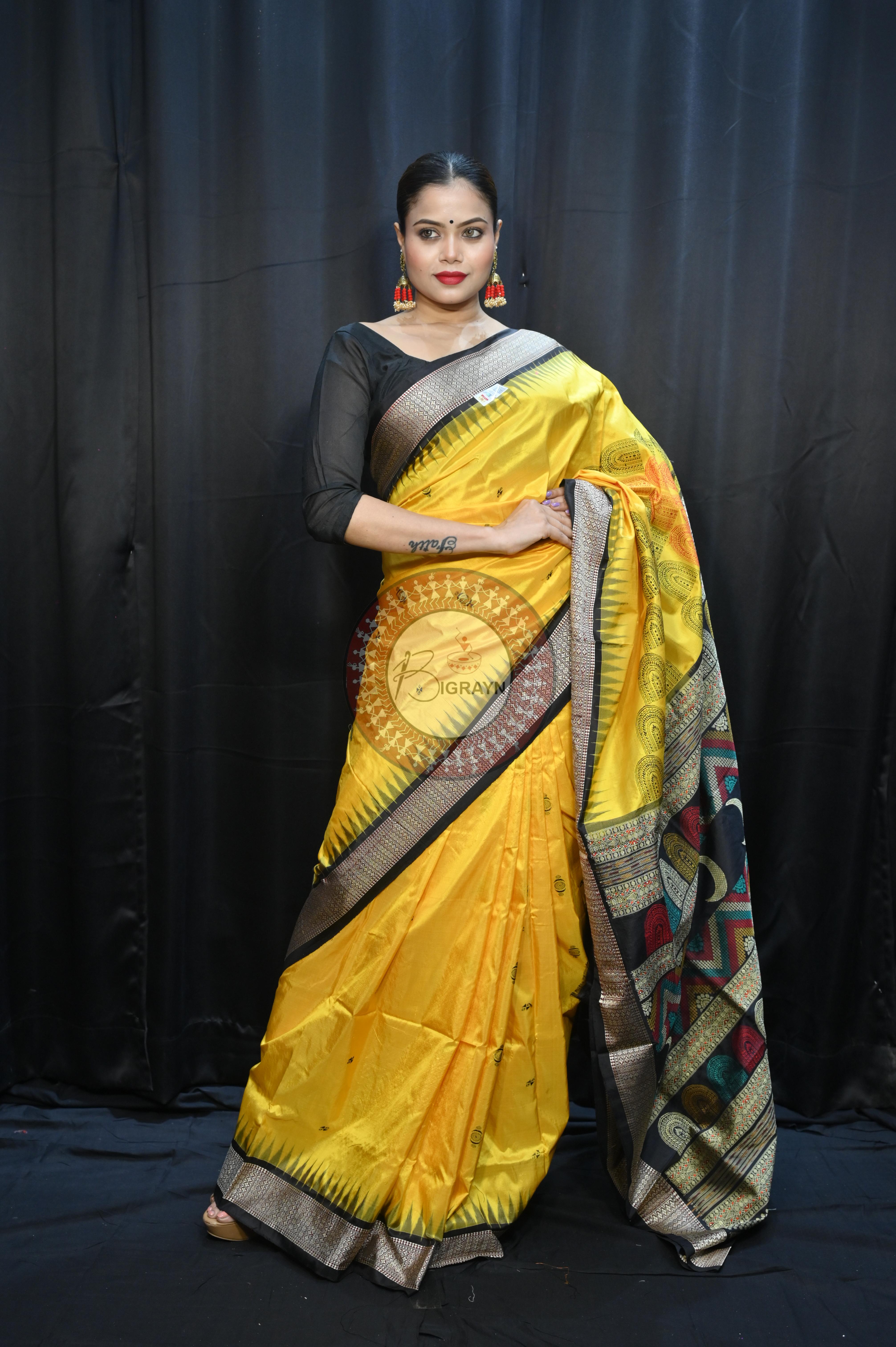Yellow Black Chandrama Exclusive Sambalpuri Silk Saree
