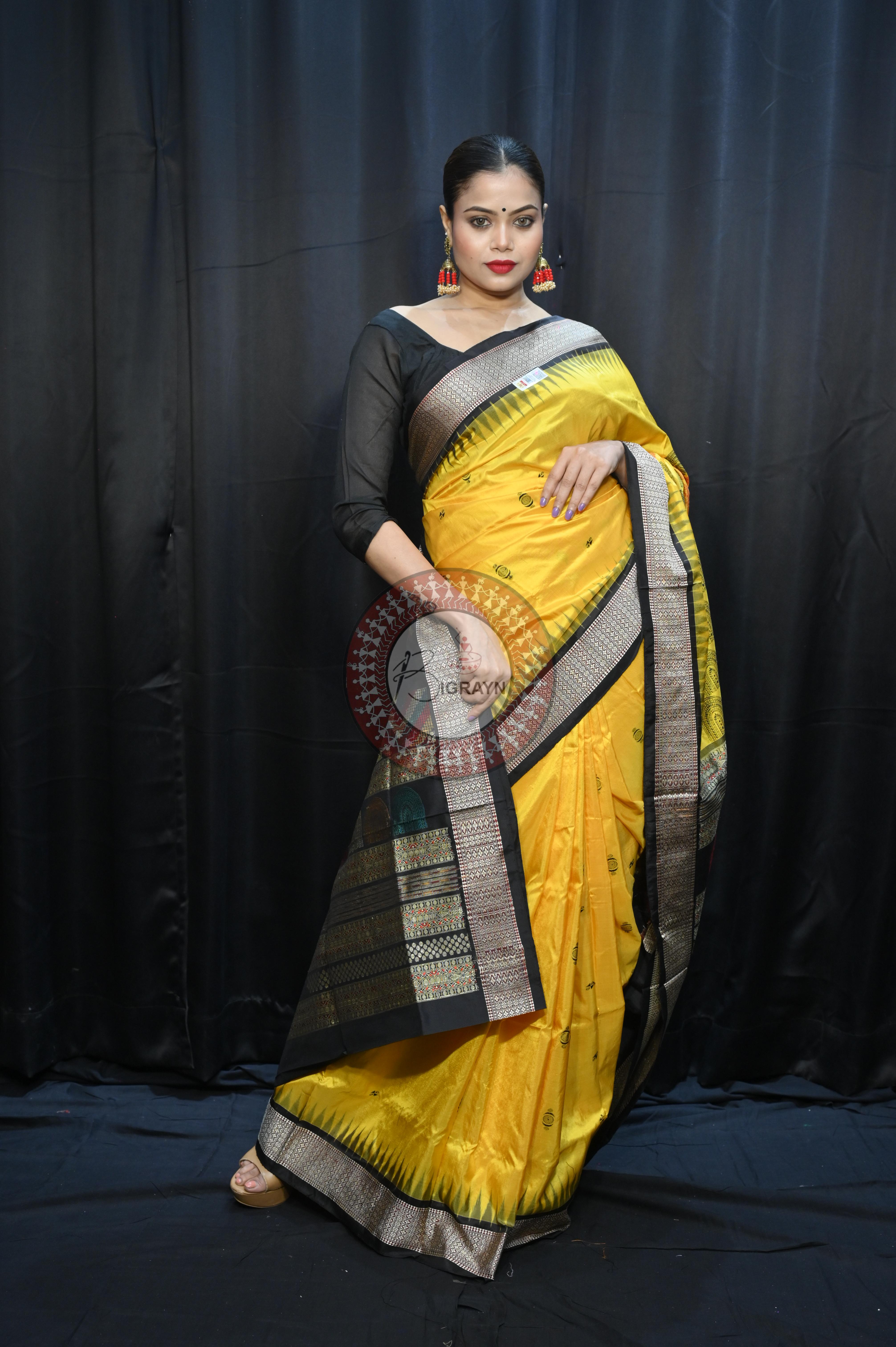 Yellow Black Chandrama Exclusive Sambalpuri Silk Saree
