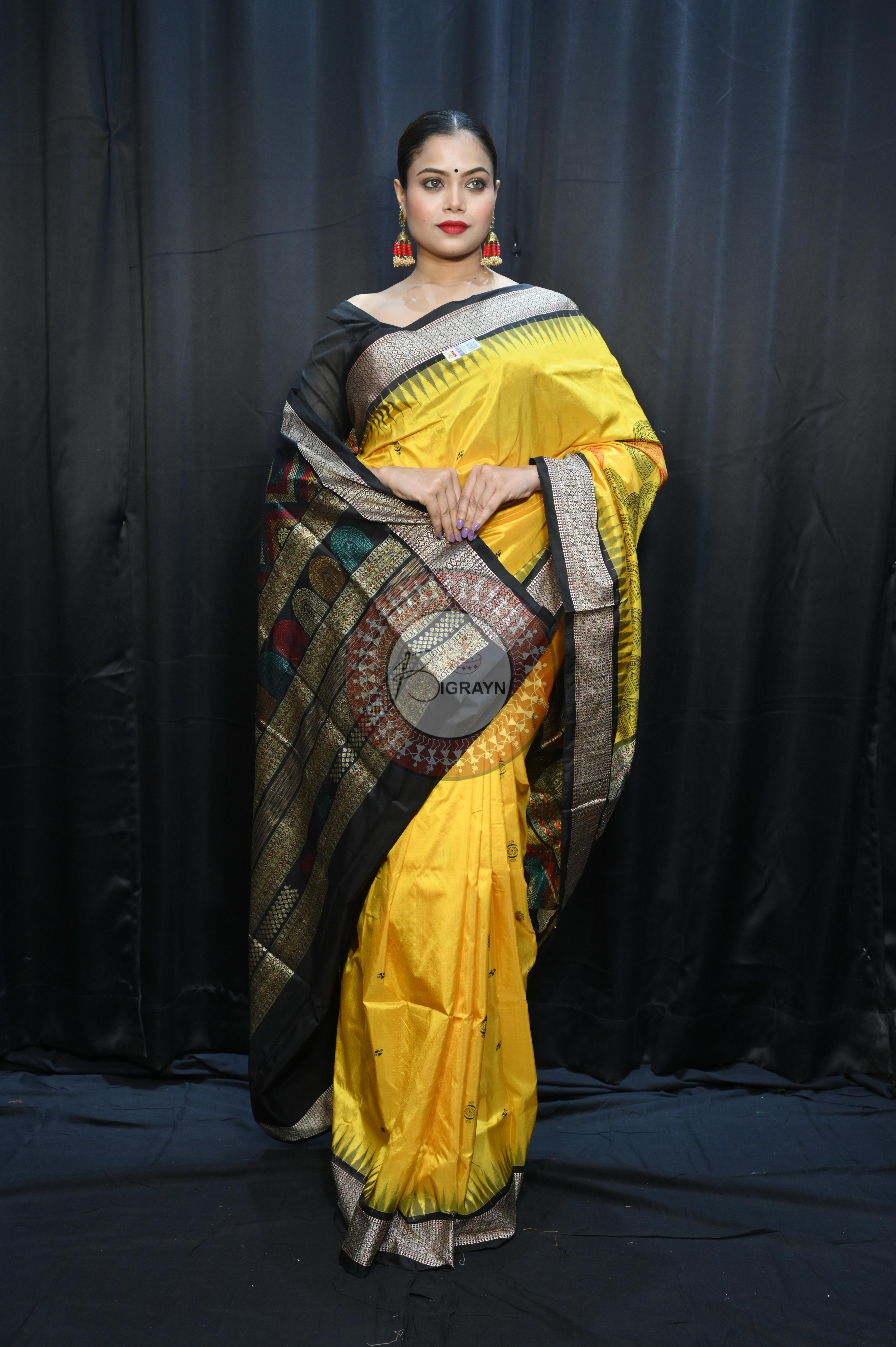 Yellow Black Chandrama Exclusive Sambalpuri Silk Saree