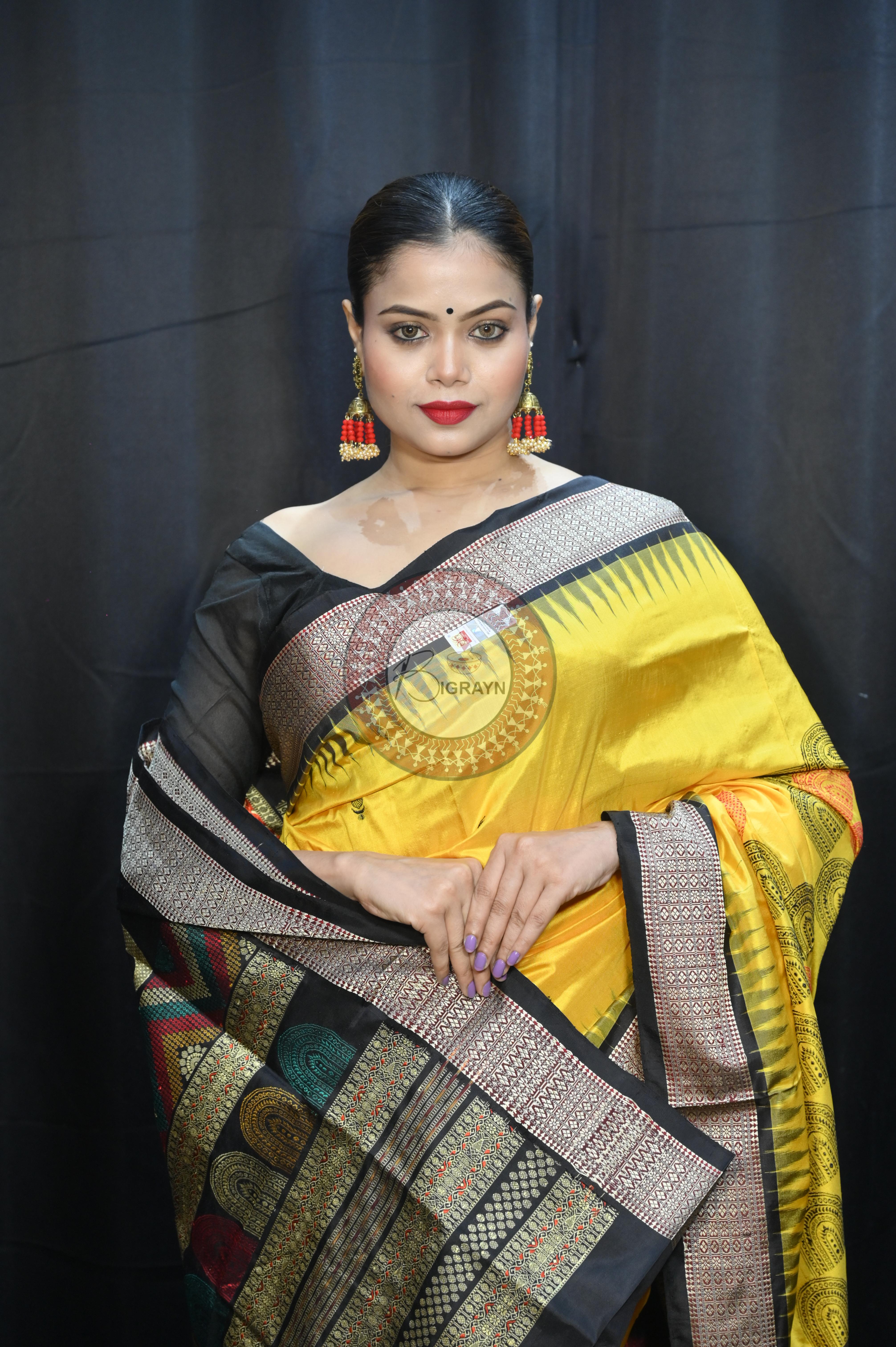 Yellow Black Chandrama Exclusive Sambalpuri Silk Saree