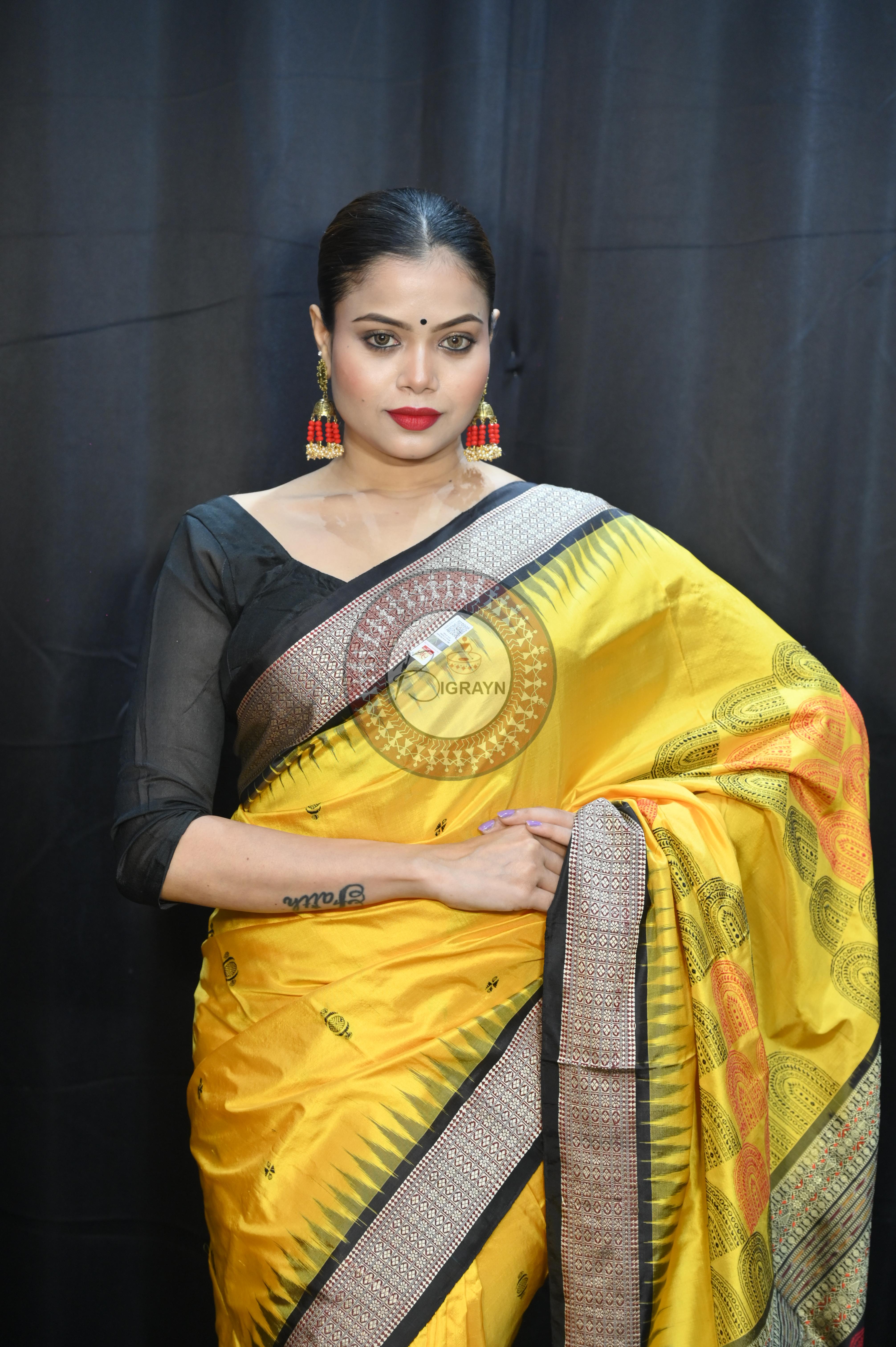 Yellow Black Chandrama Exclusive Sambalpuri Silk Saree