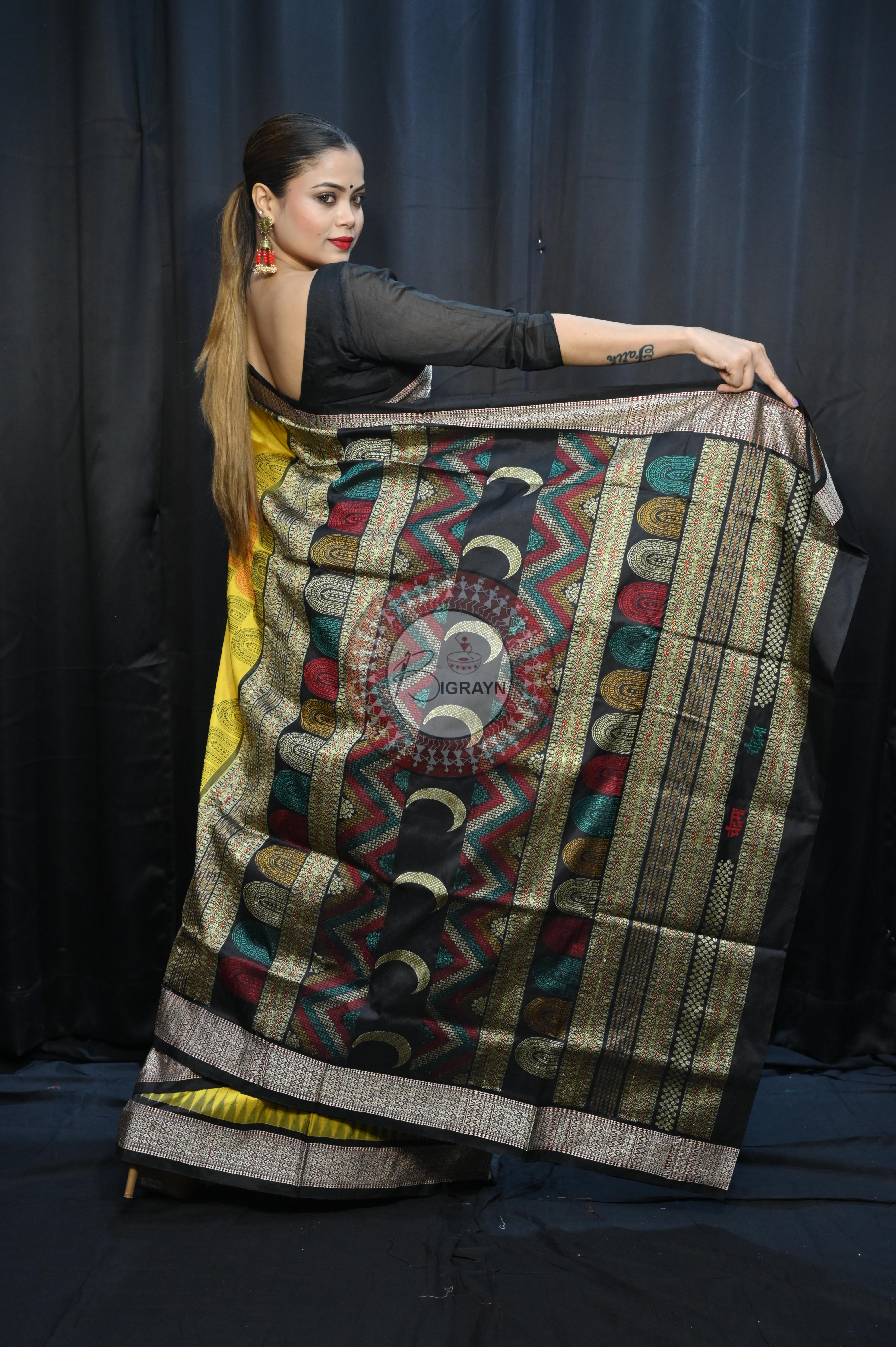 Yellow Black Chandrama Exclusive Sambalpuri Silk Saree