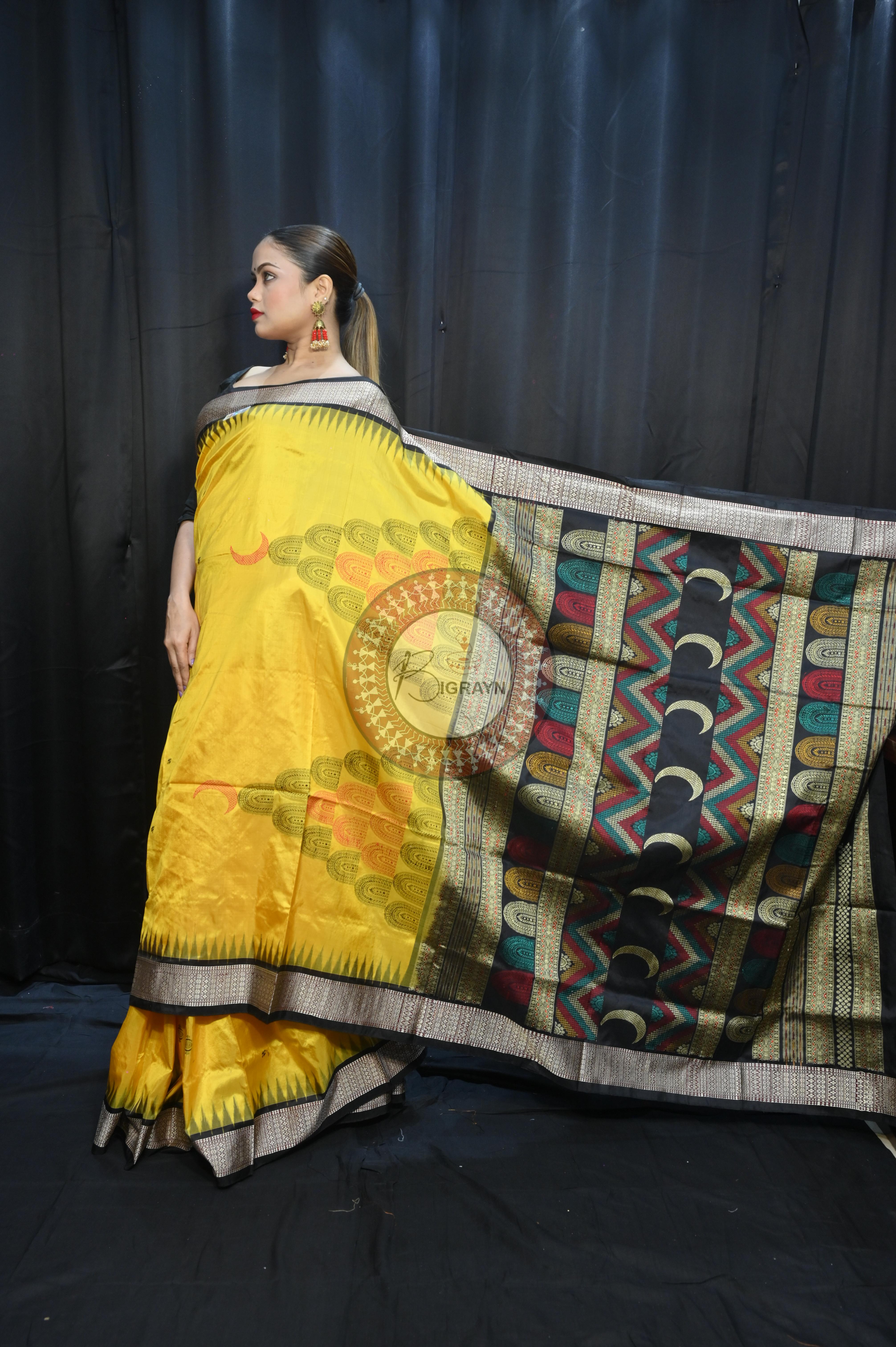 Yellow Black Chandrama Exclusive Sambalpuri Silk Saree