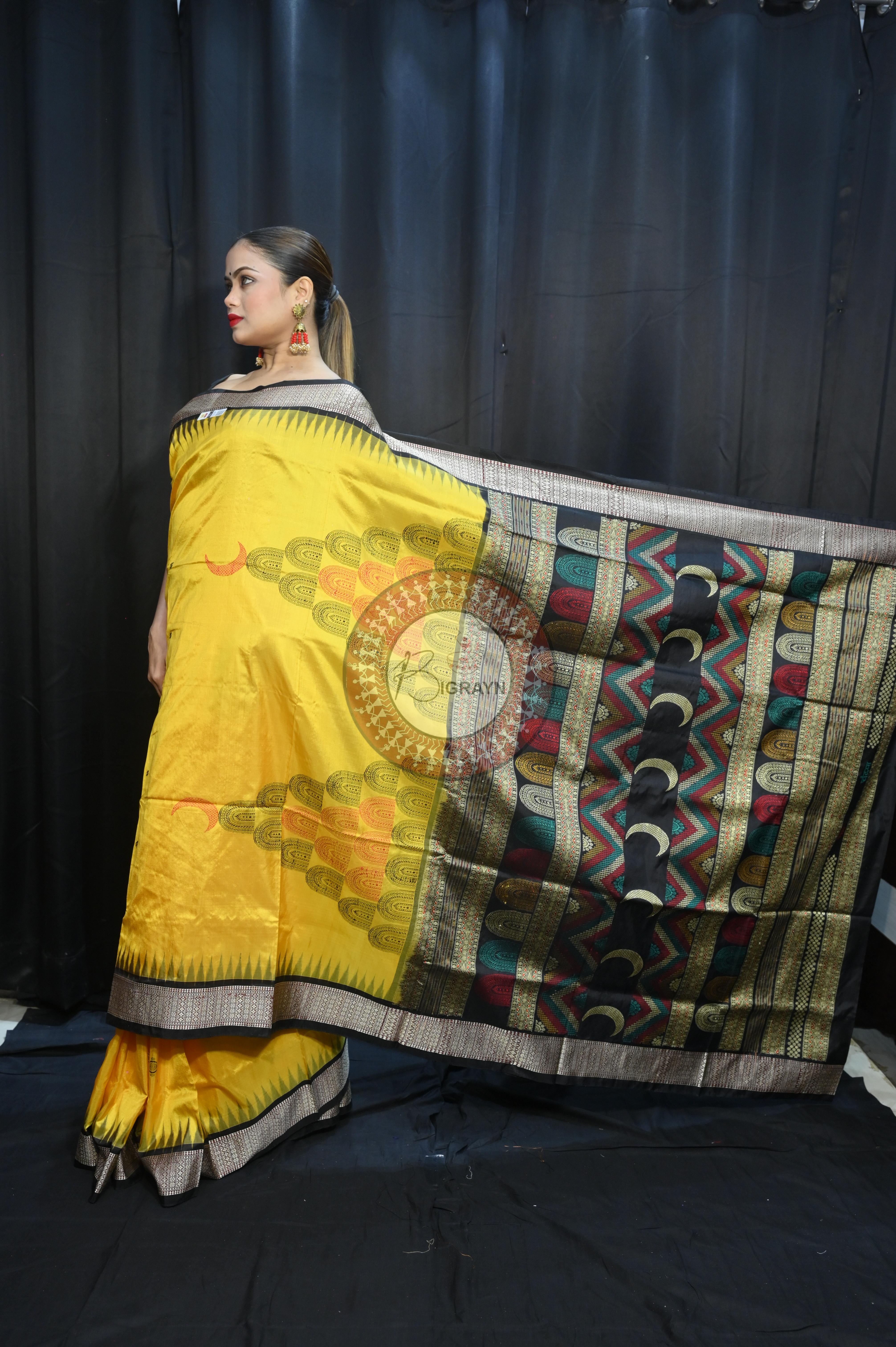 Yellow Black Chandrama Exclusive Sambalpuri Silk Saree