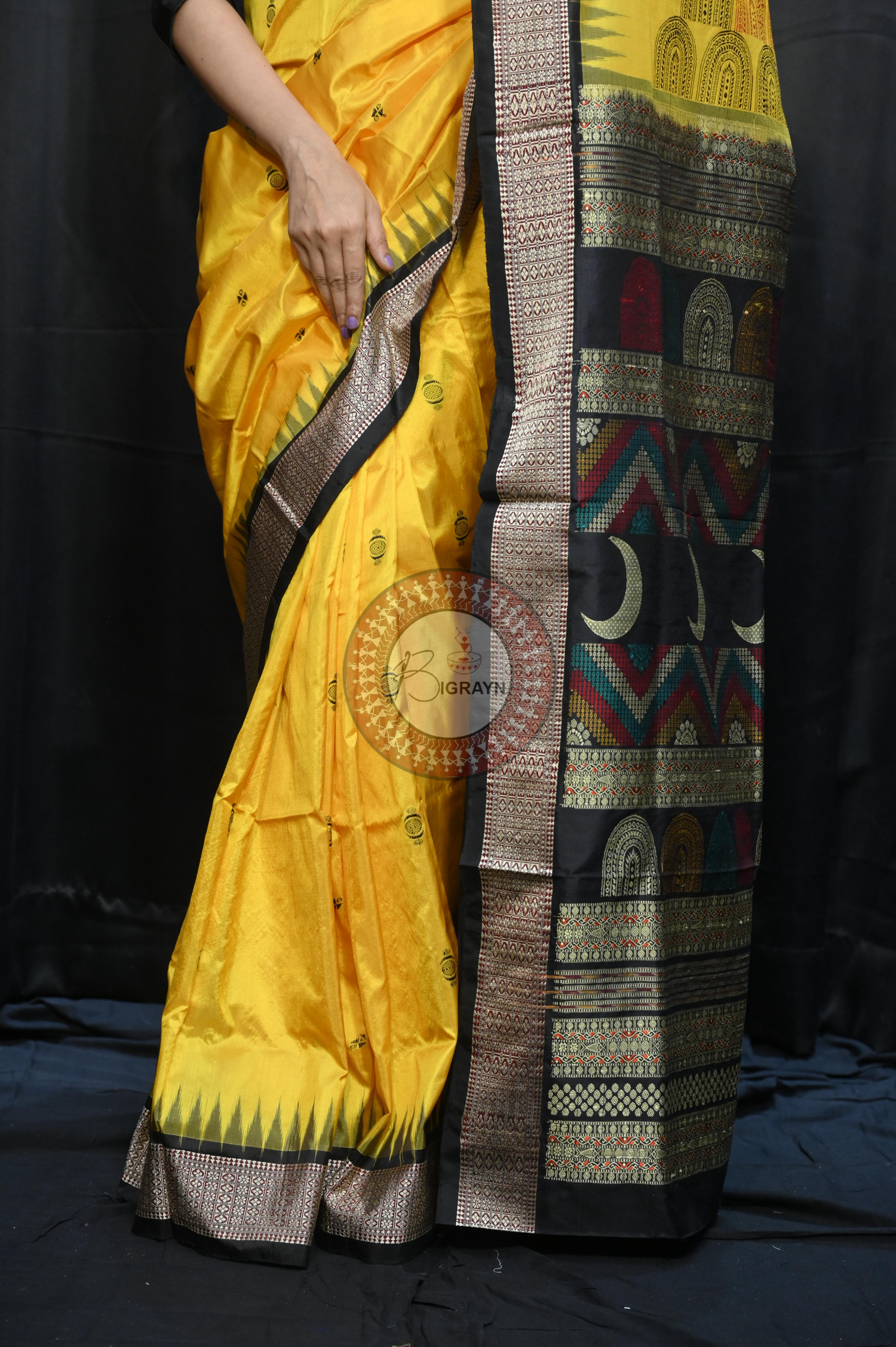 Yellow Black Chandrama Exclusive Sambalpuri Silk Saree
