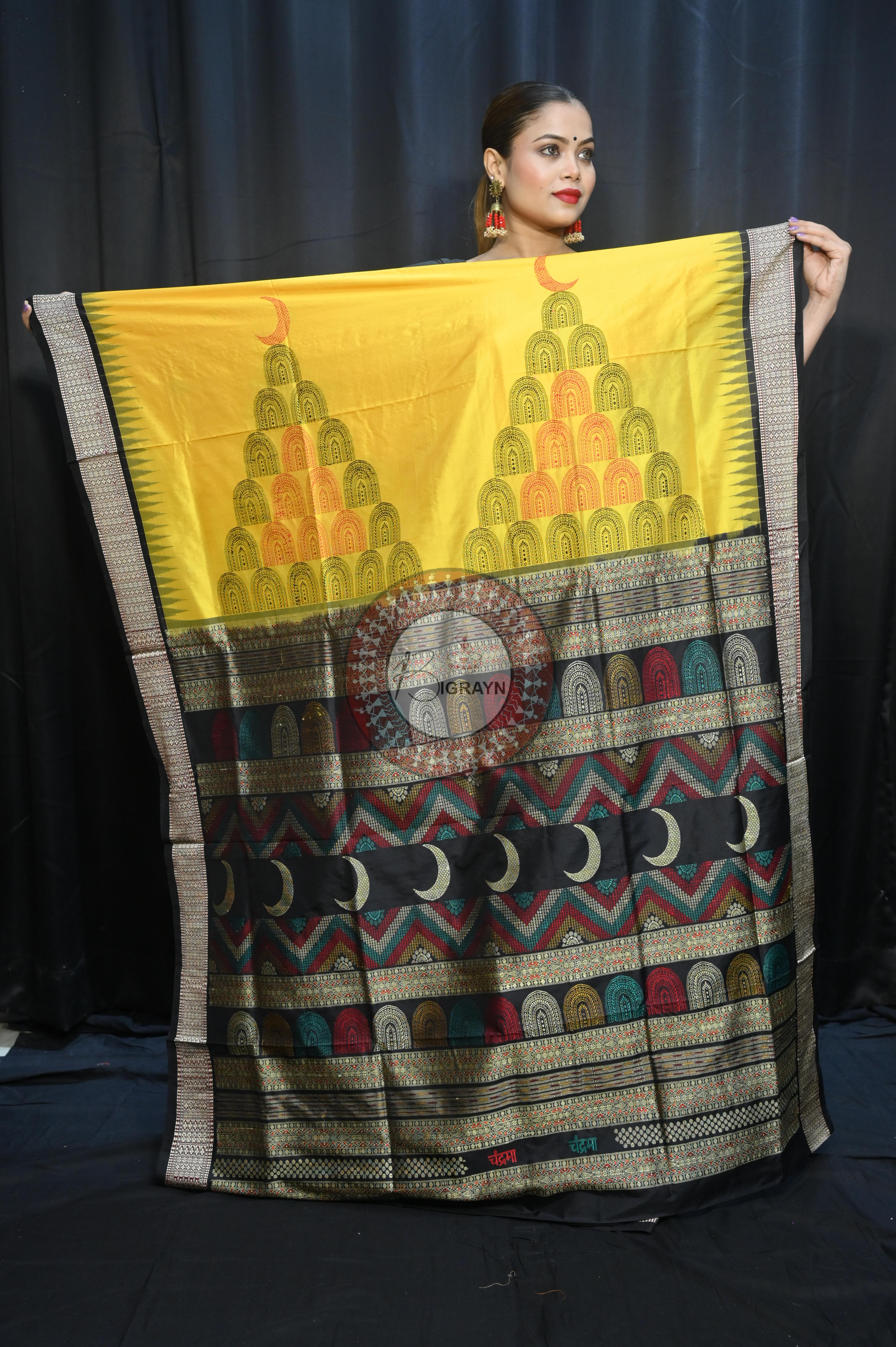 Yellow Black Chandrama Exclusive Sambalpuri Silk Saree
