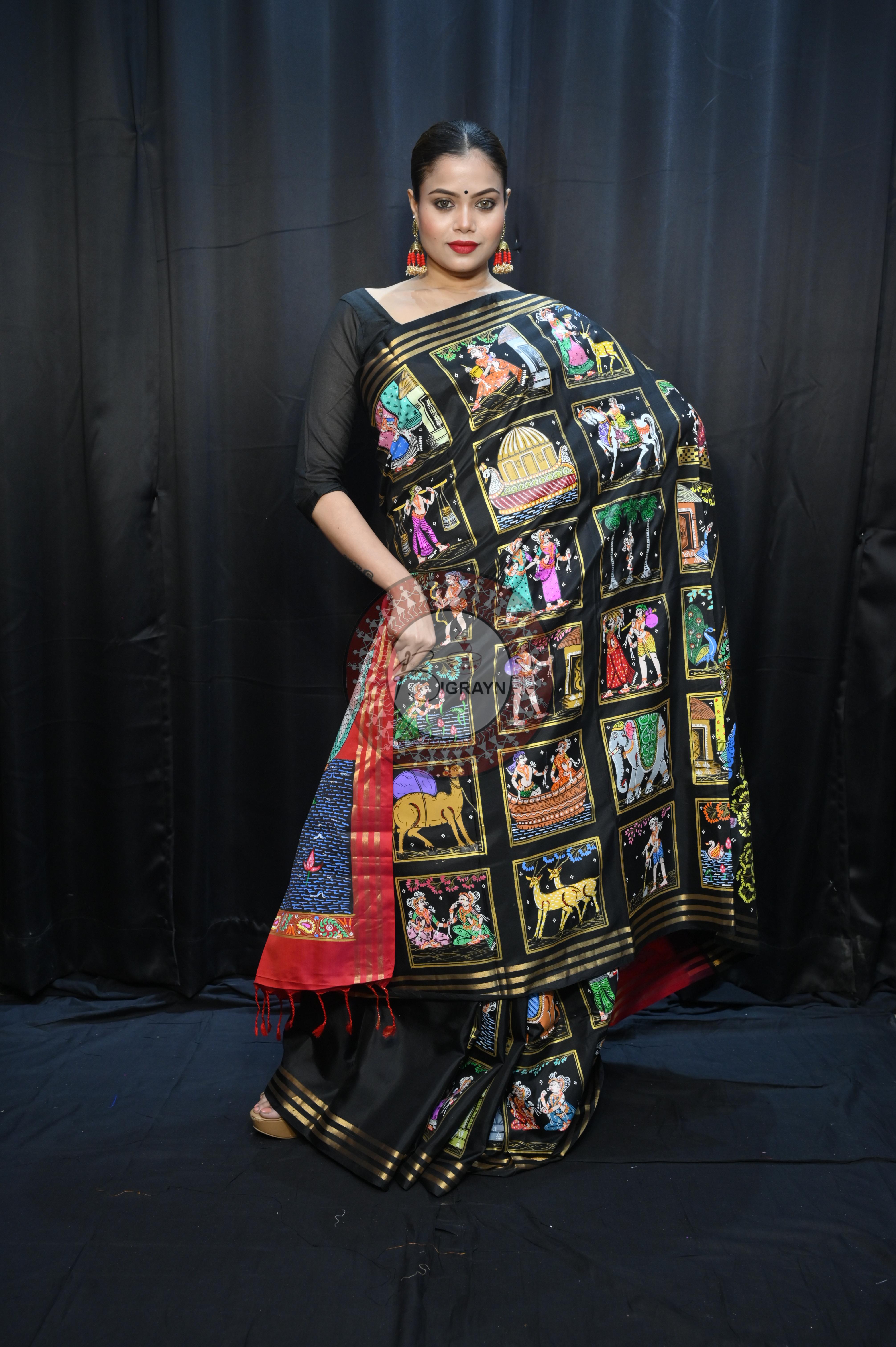 Black Red Small Box Boita Theme Pattachitra Kanjeeveram Silk Saree