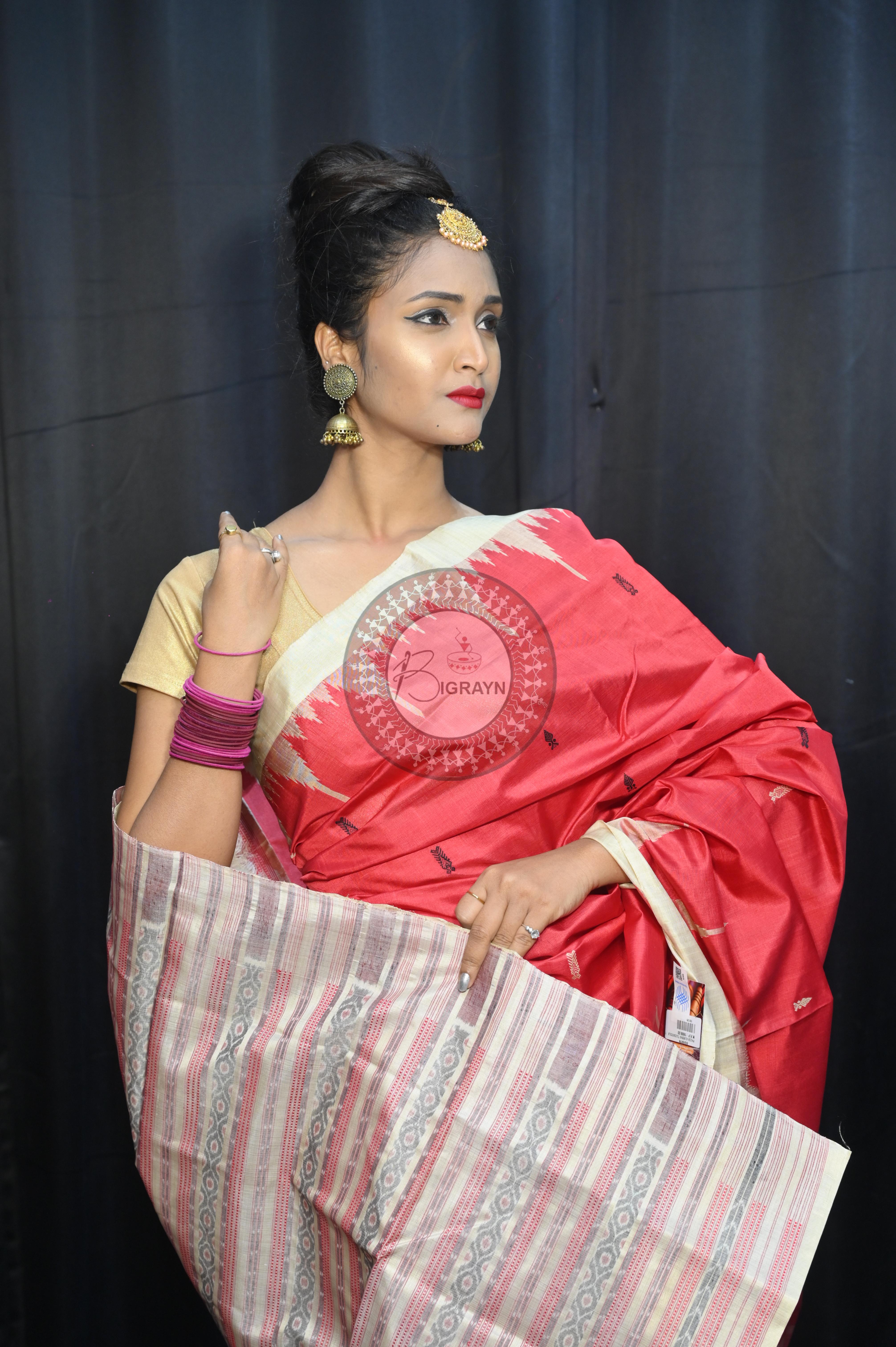 Red Off White Phoda Kumbha Tusser Silk Saree