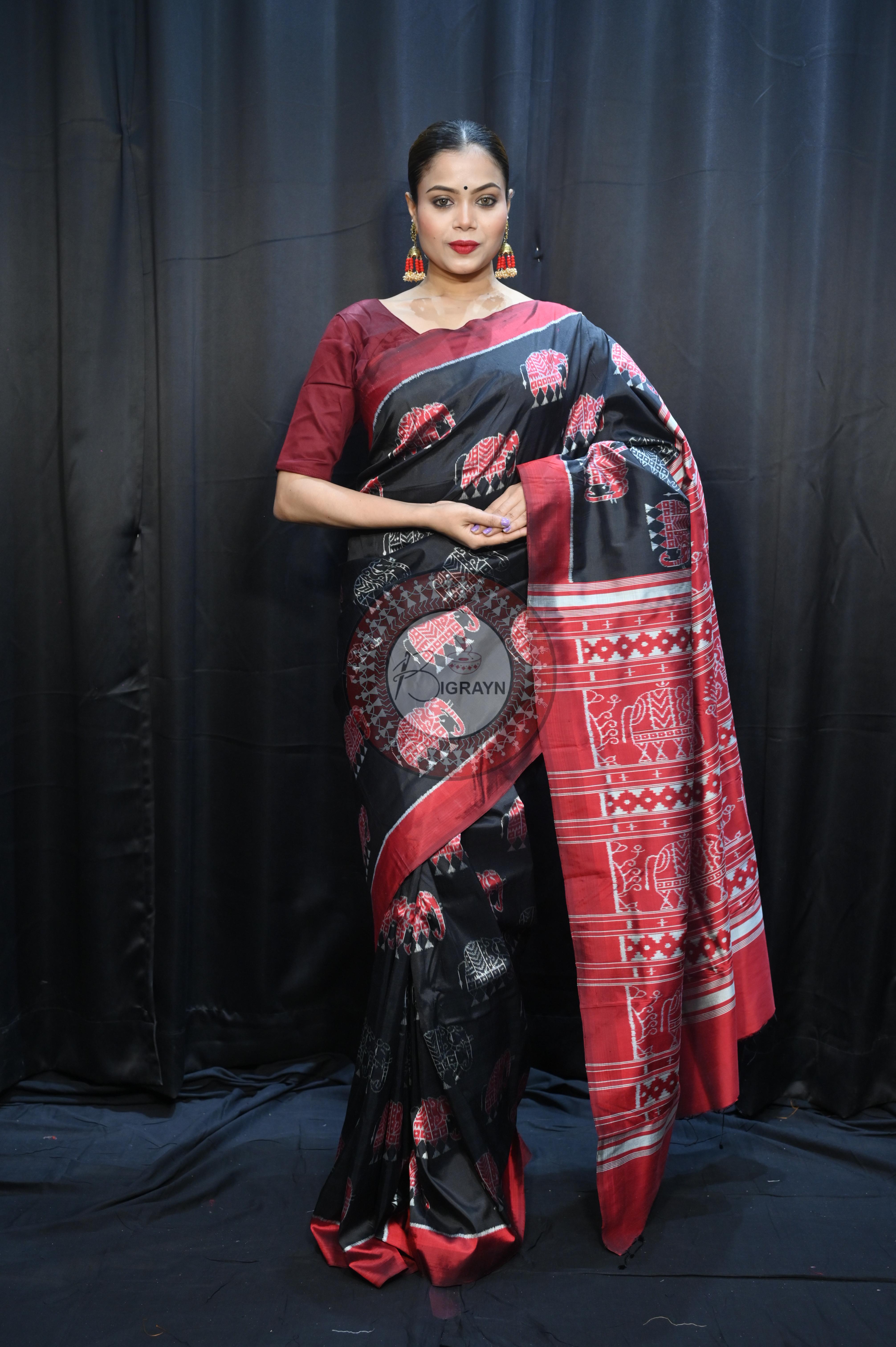 Black Red Elephant Mulberry Silk Saree
