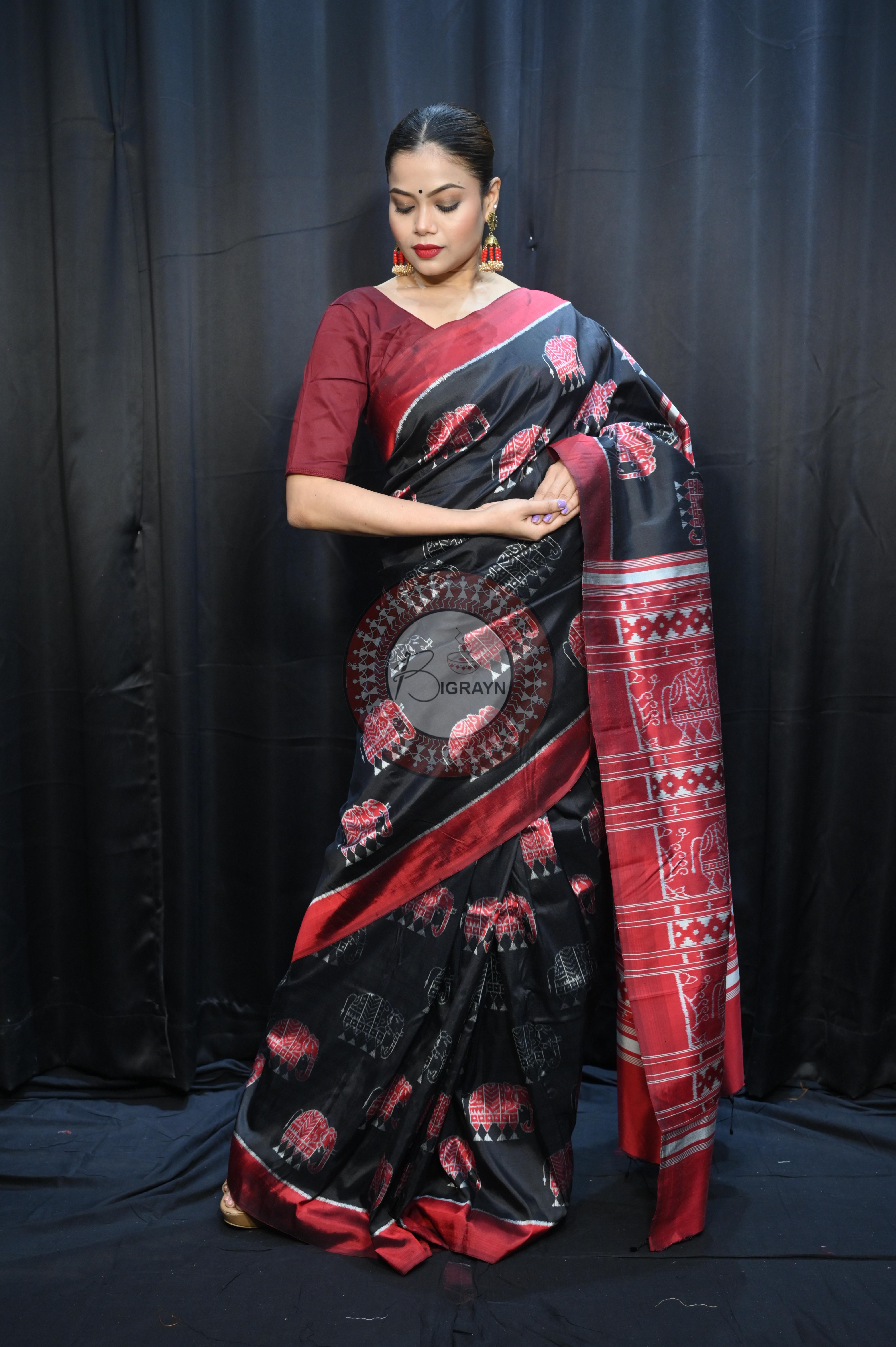 Black Red Elephant Mulberry Silk Saree