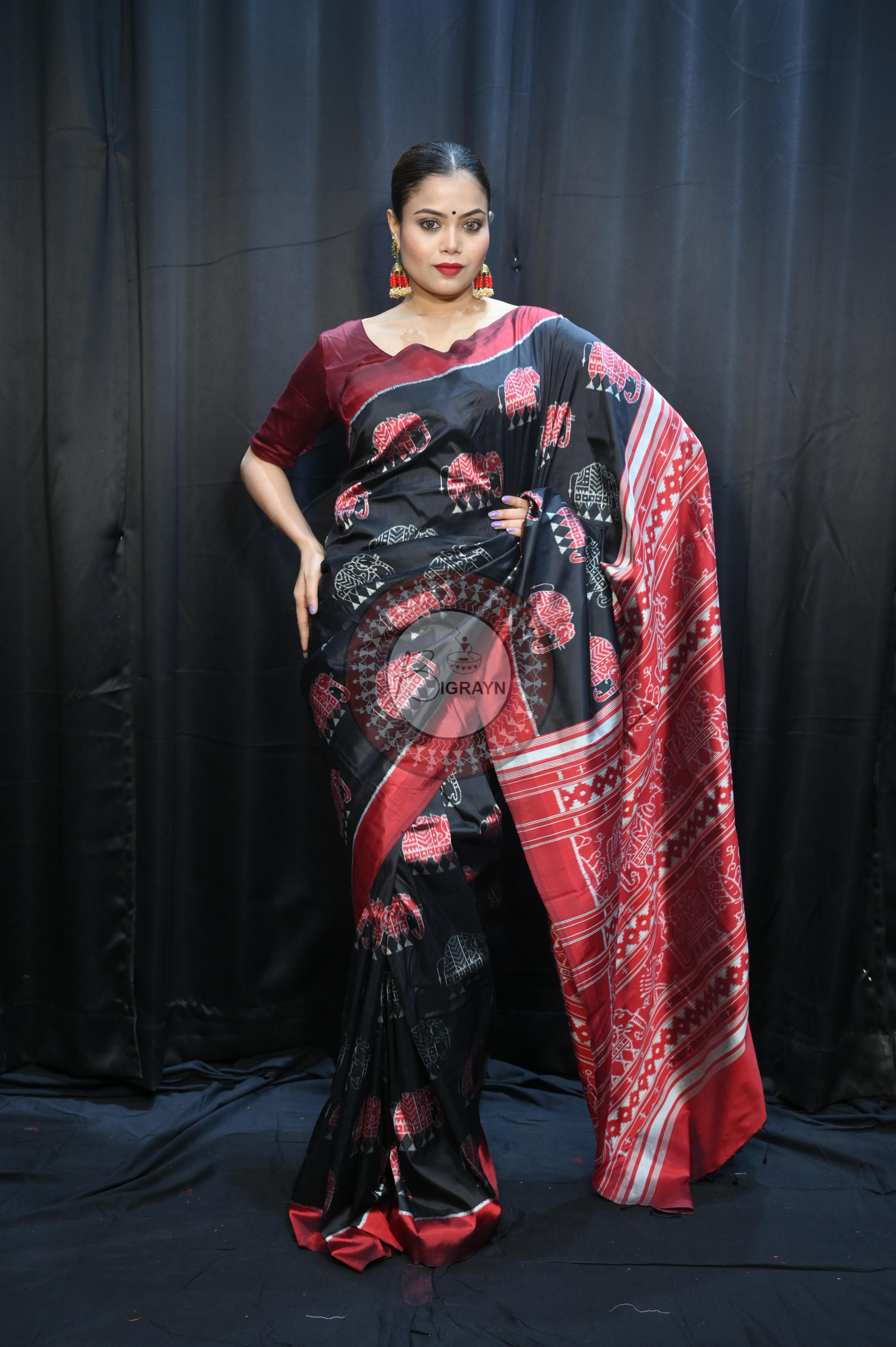 Black Red Elephant Mulberry Silk Saree