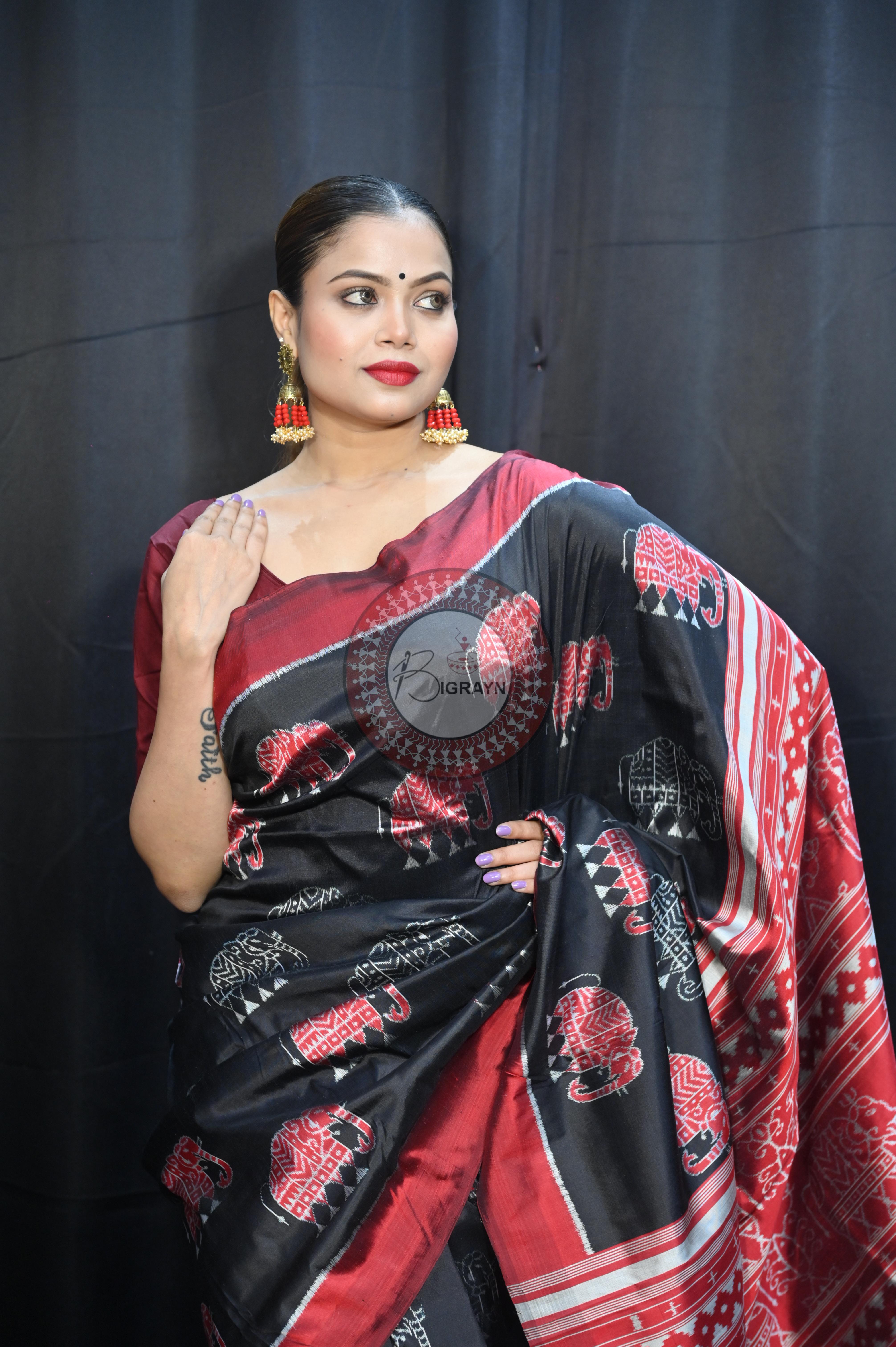 Black Red Elephant Mulberry Silk Saree