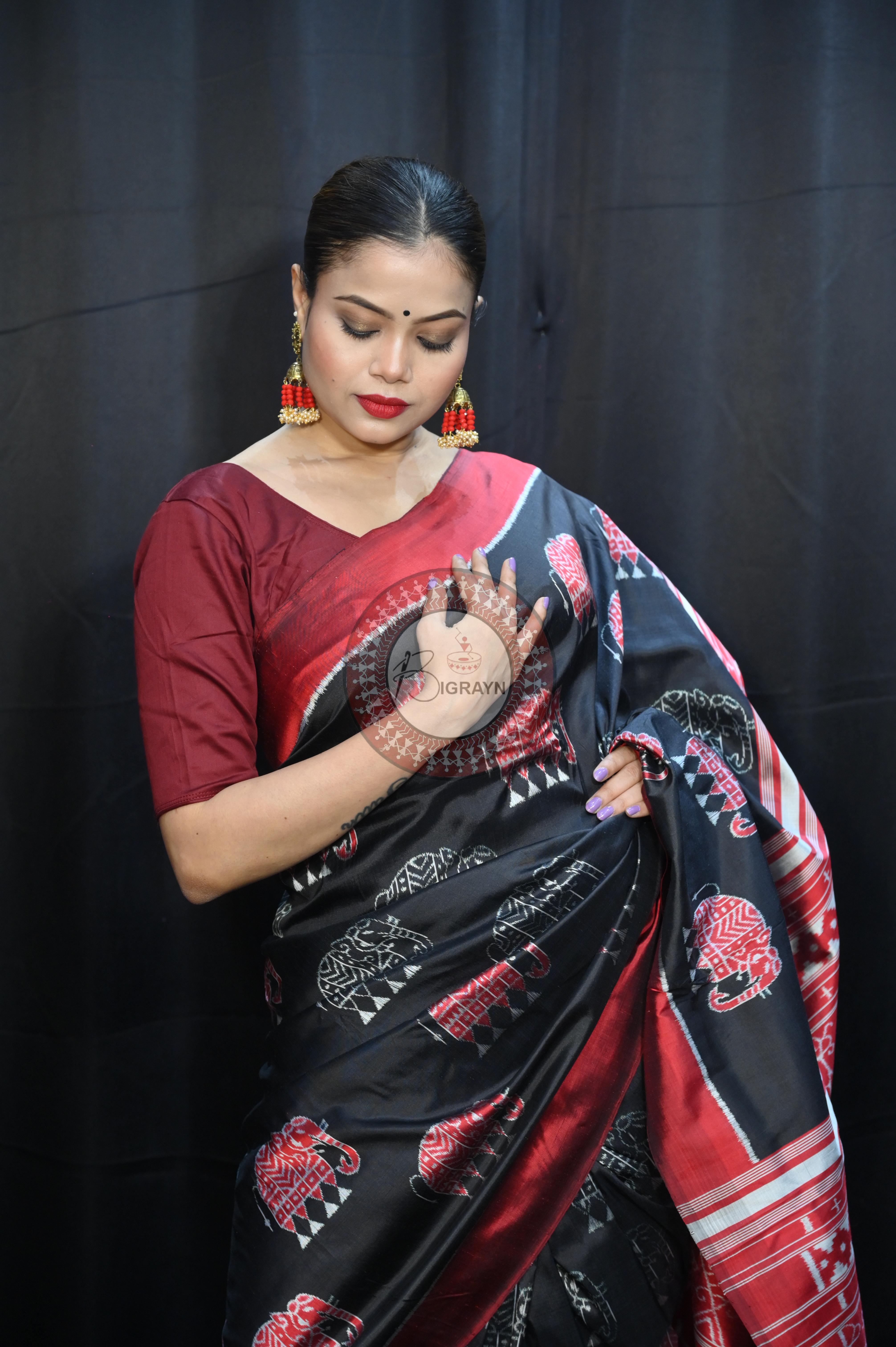 Black Red Elephant Mulberry Silk Saree