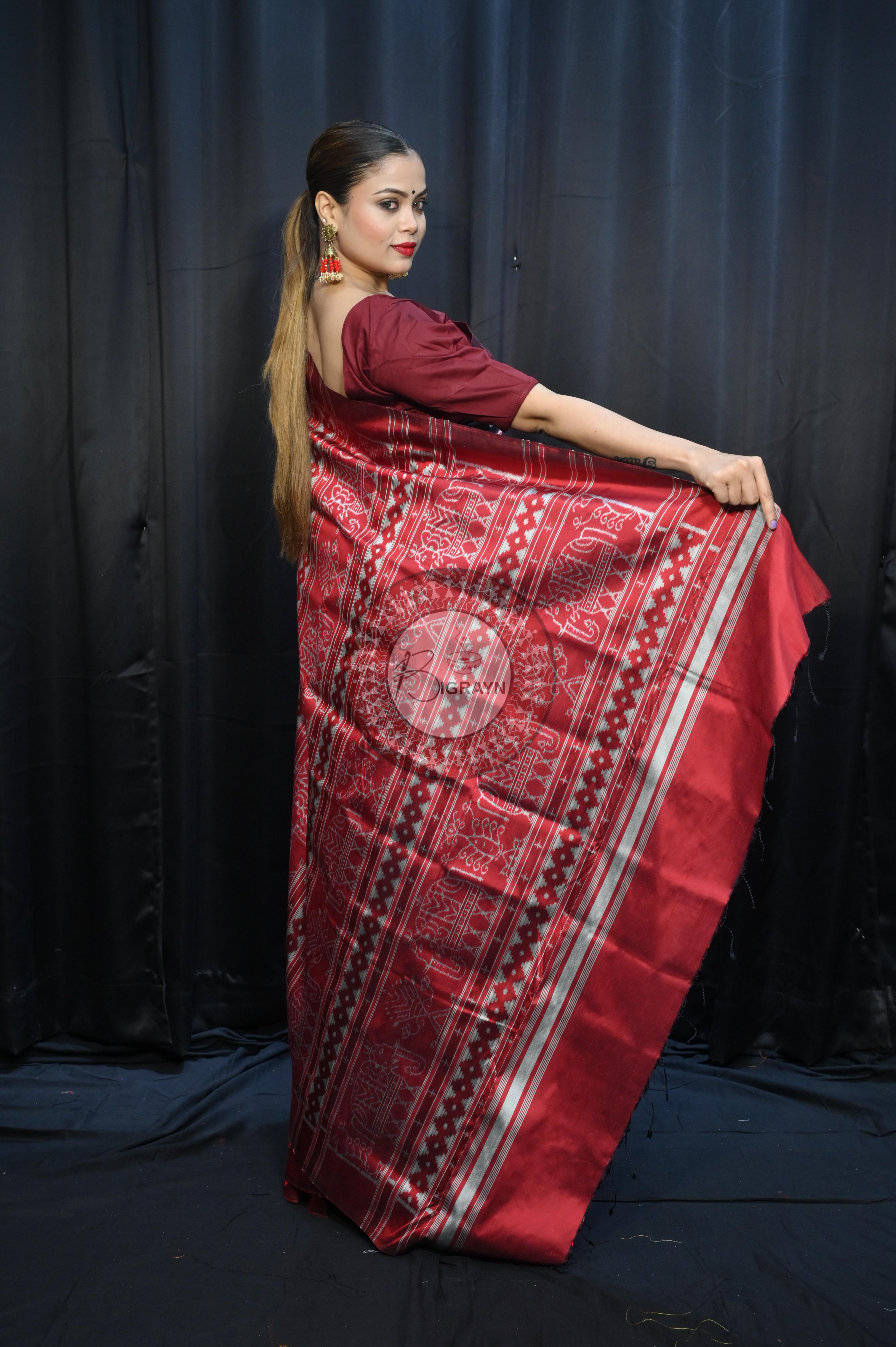 Black Red Elephant Mulberry Silk Saree