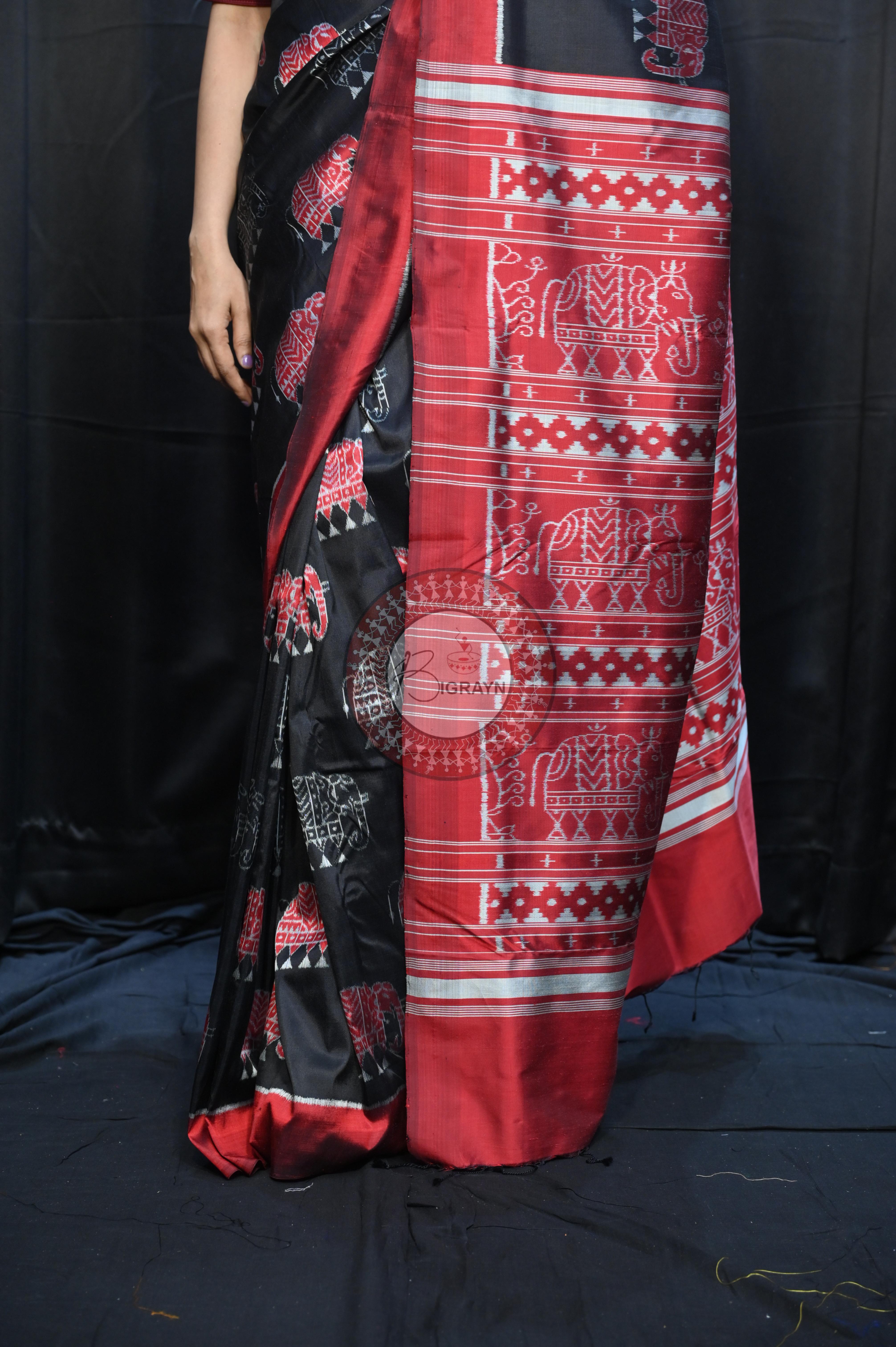 Black Red Elephant Mulberry Silk Saree